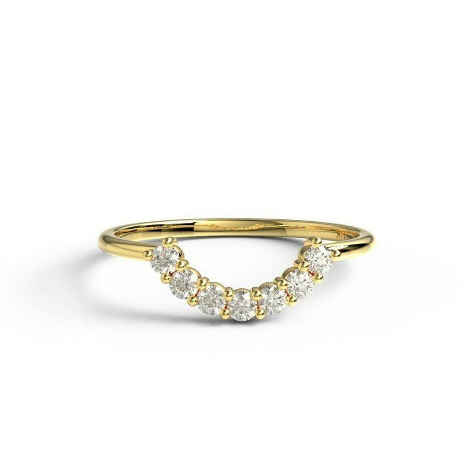 Art Deco Curved Diamond Wedding Band 14K Gold Round diamond Stacking Ring Valentine Gift For Sale