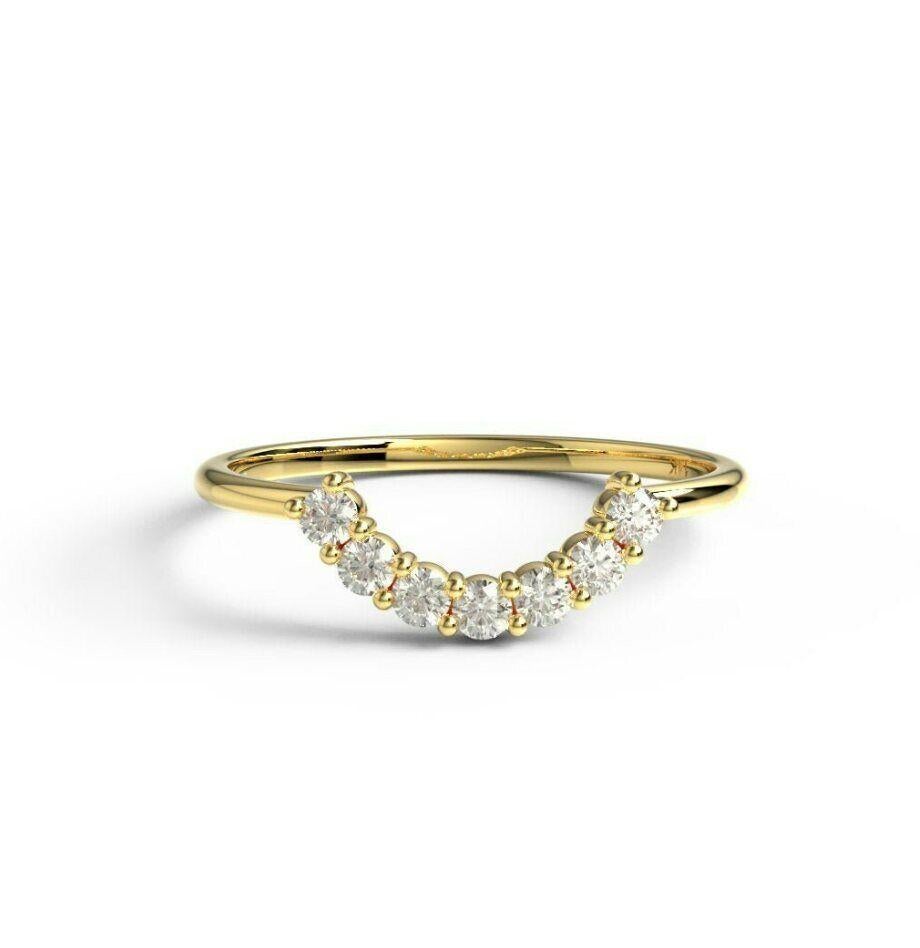 Art déco Anneau de mariage en or 14K avec diamant rond et courbé Bague empilable Cadeau de la Saint-Valentin en vente
