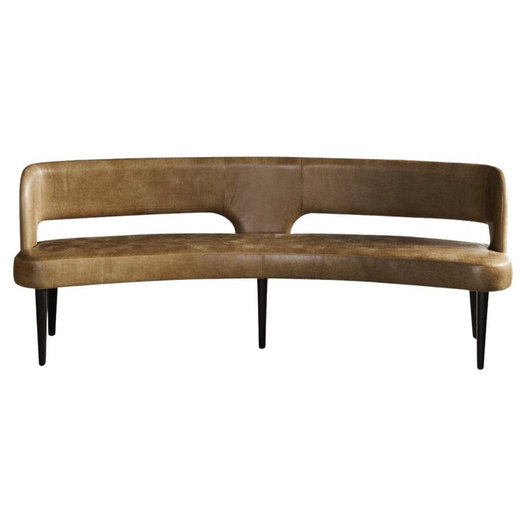 Curved Dining Bench Offered in Leather and Solid Wood Legs For Sale at