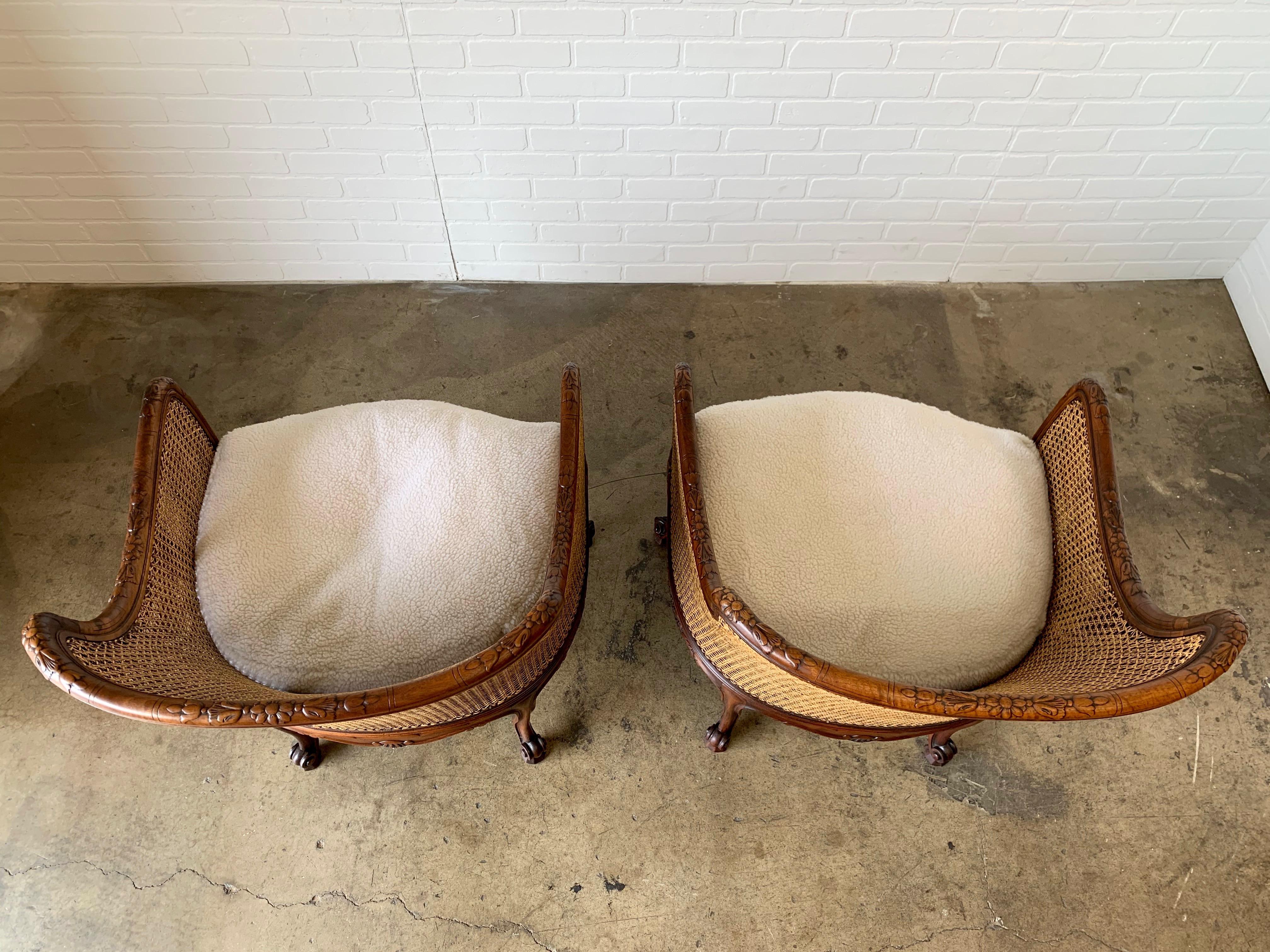 Curved Double Cane Lounge Chairs from Belgium 1950s with Sherpa Faux Fur 3