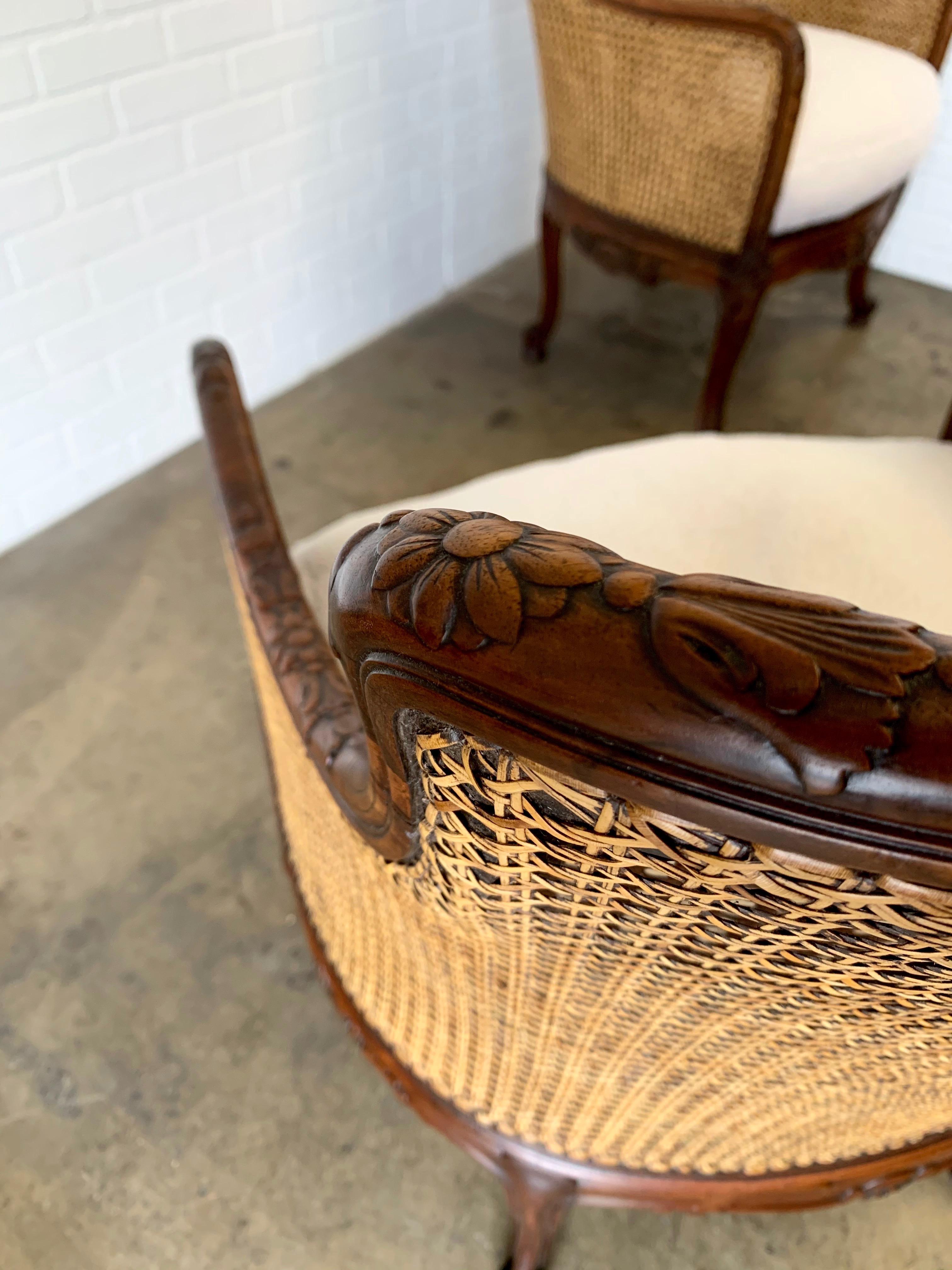 Curved Double Cane Lounge Chairs from Belgium 1950s with Sherpa Faux Fur 7