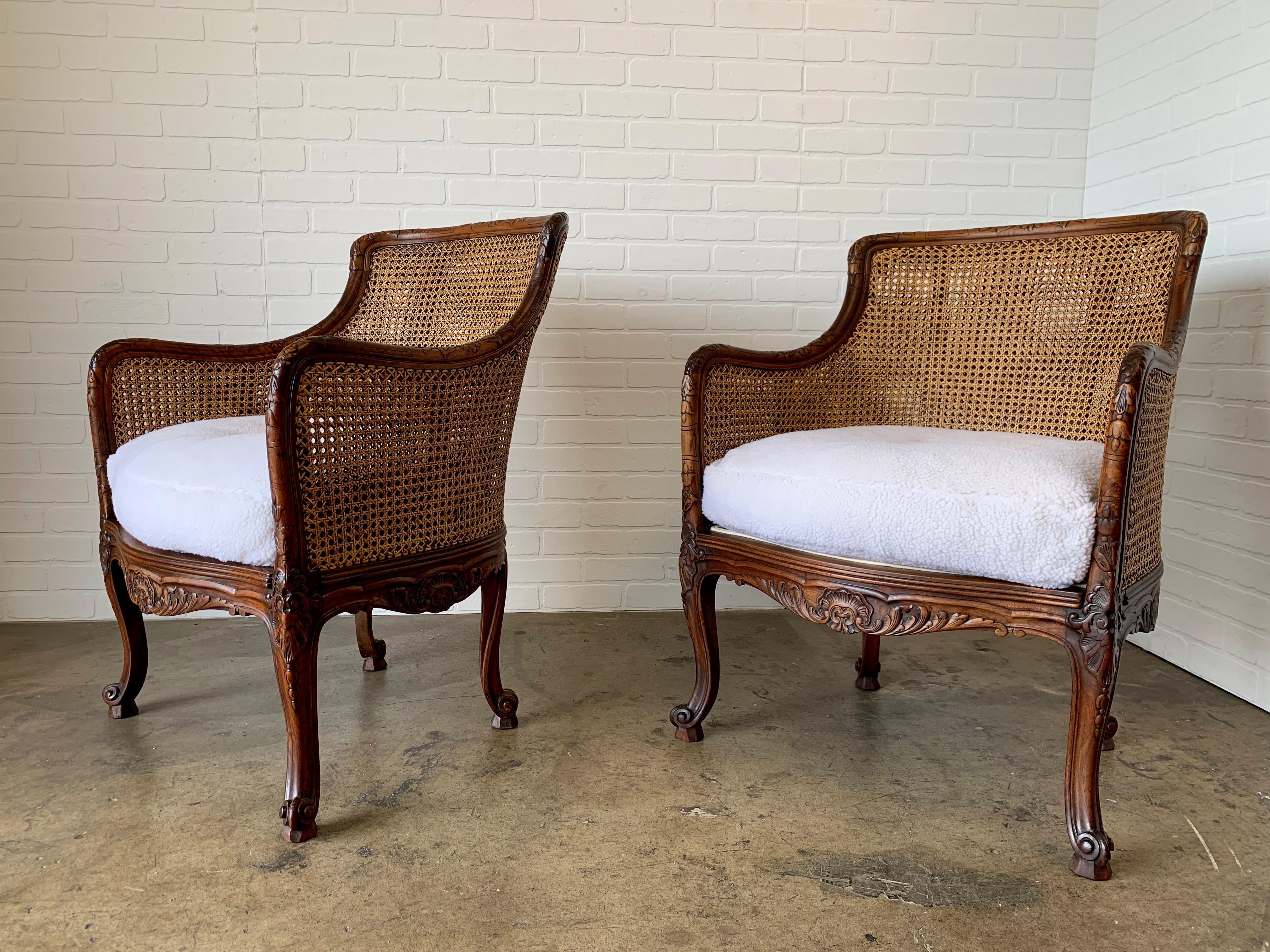 Upholstery Curved Double Cane Lounge Chairs from Belgium 1950s with Sherpa Faux Fur