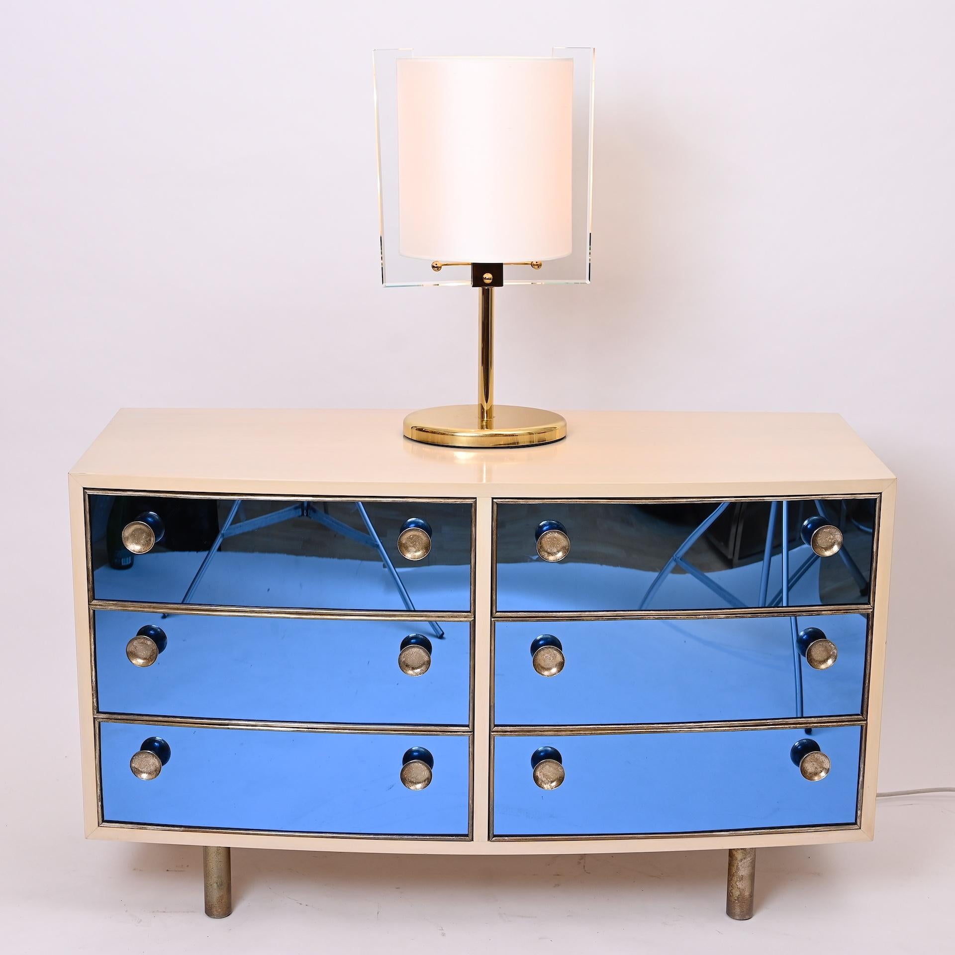 Curved Dresser with Blonde Wood and Blue Crystal Glass For Sale 2