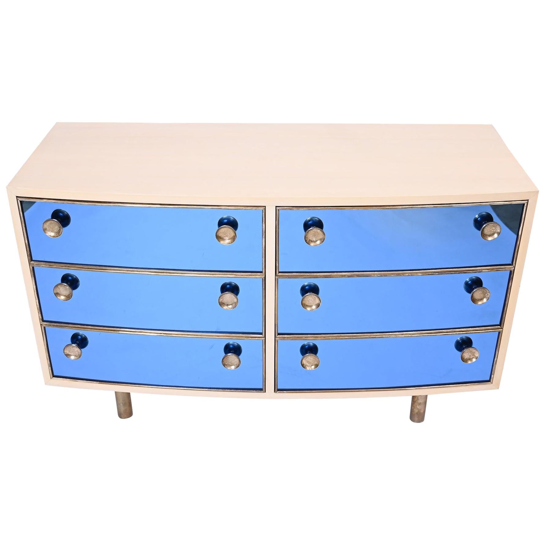 Curved Dresser with Blonde Wood and Blue Crystal Glass For Sale