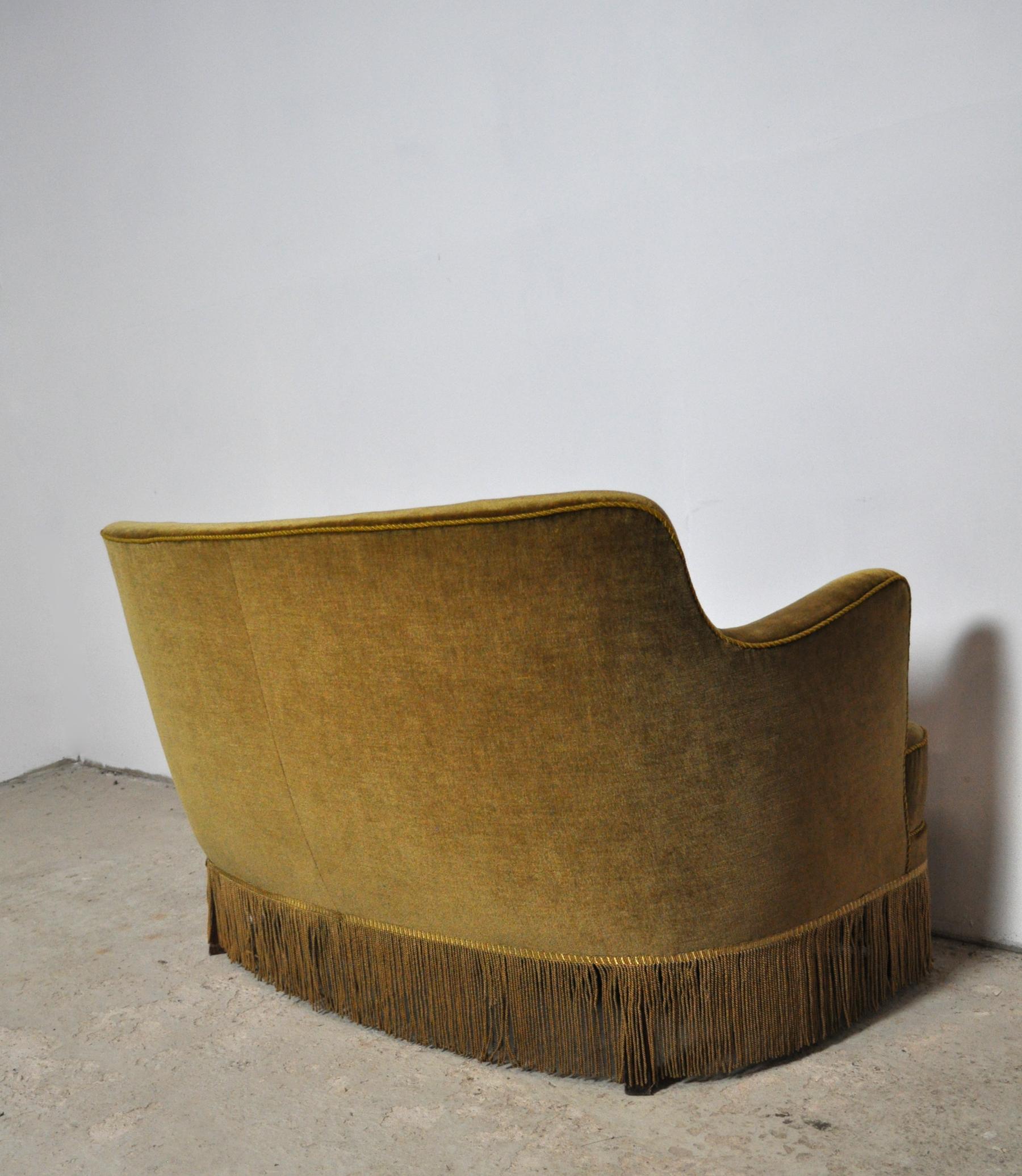 Curved Early 20th Century Sofa with Original Upholstery in Green and Yellow Tone 6