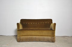 Curved Early 20th Century Sofa with Original Upholstery in Green and Yellow Tone