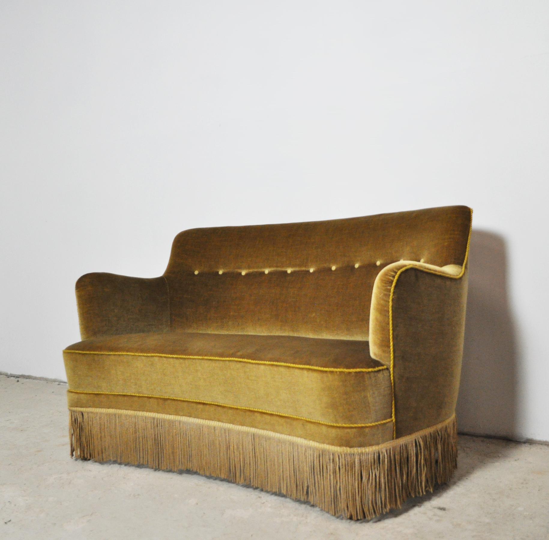 Mid-Century Modern Curved Early 20th Century Sofa with Original Upholstery in Green and Yellow Tone