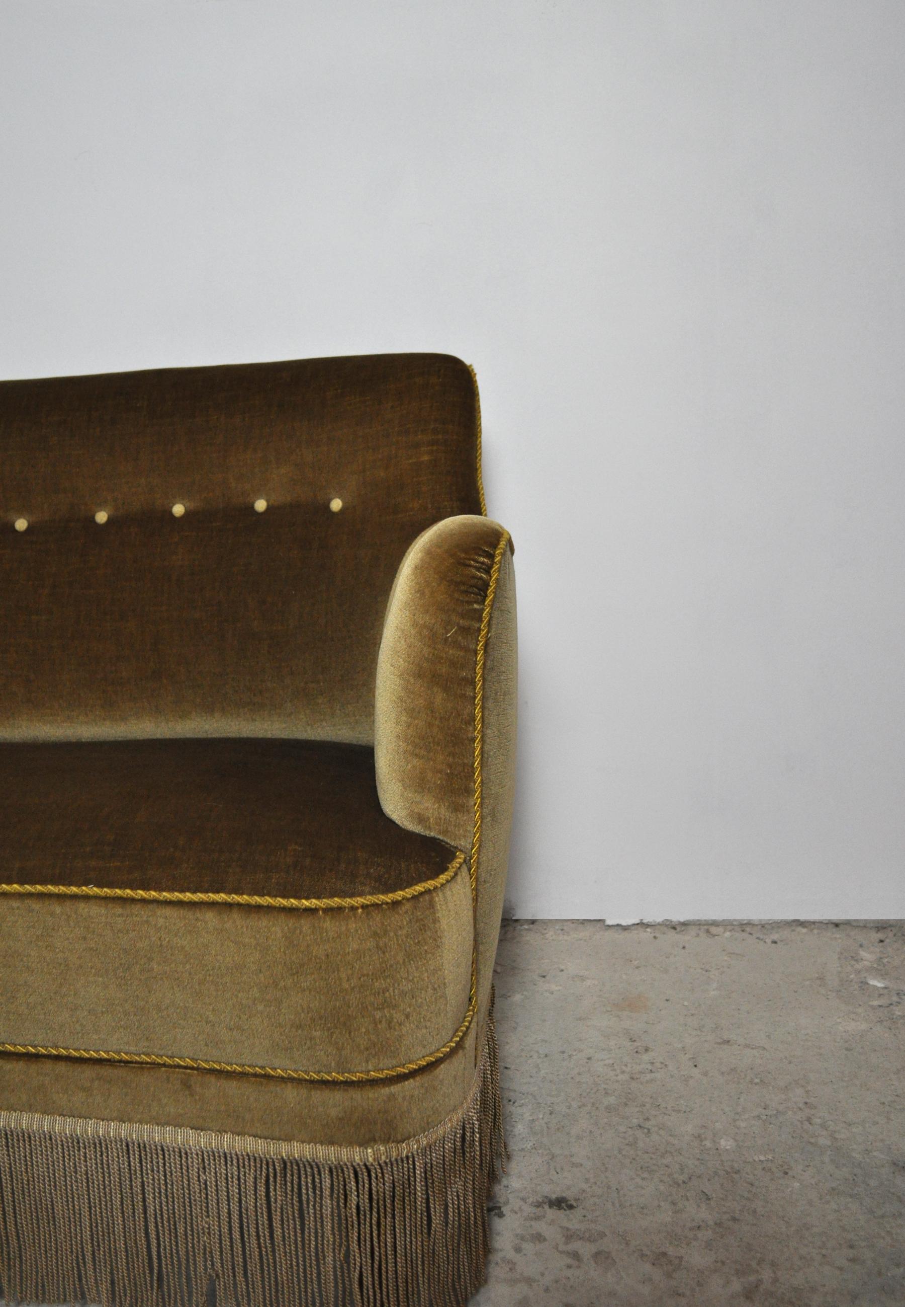 Velvet Curved Early 20th Century Sofa with Original Upholstery in Green and Yellow Tone