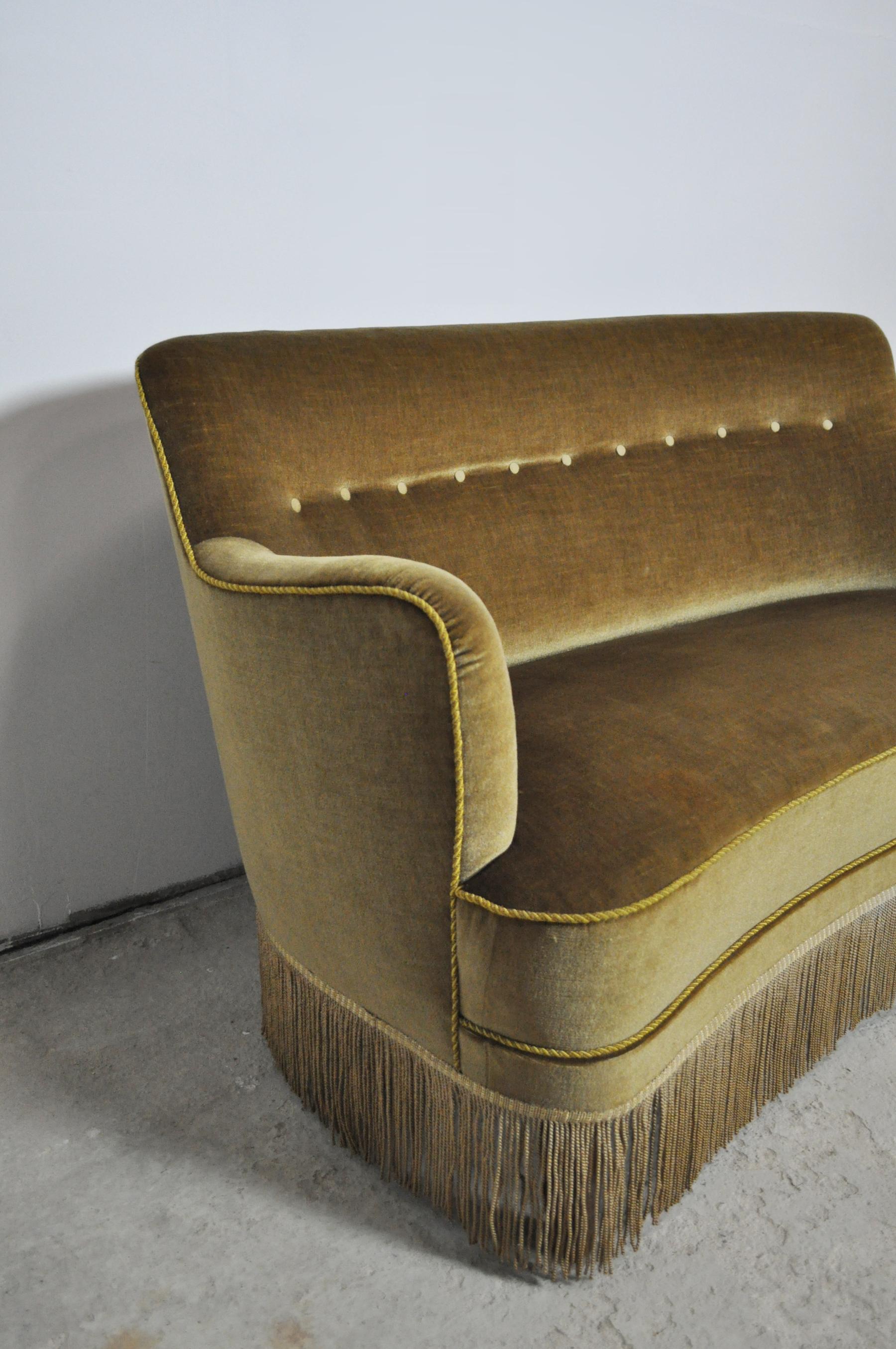 Curved Early 20th Century Sofa with Original Upholstery in Green and Yellow Tone 2