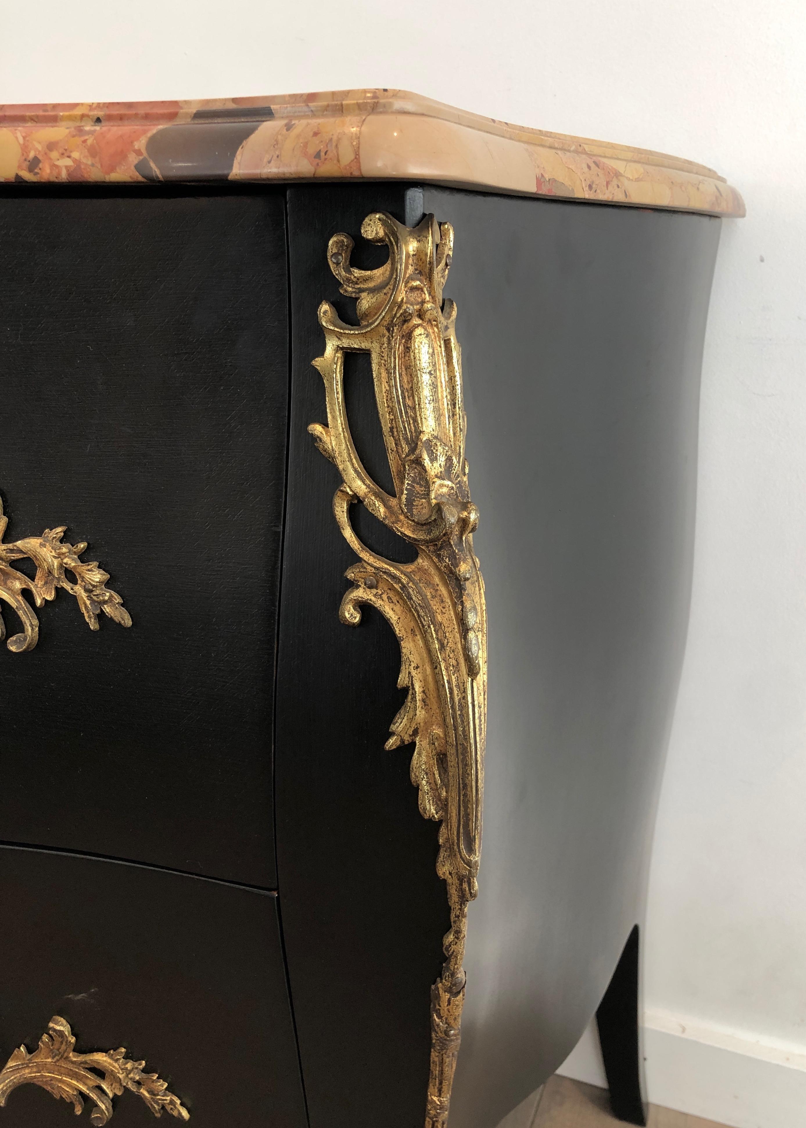 Curved Ebonized Chest of Drawers with Bronze Elements Stamped De Beyne Roubaix For Sale 7