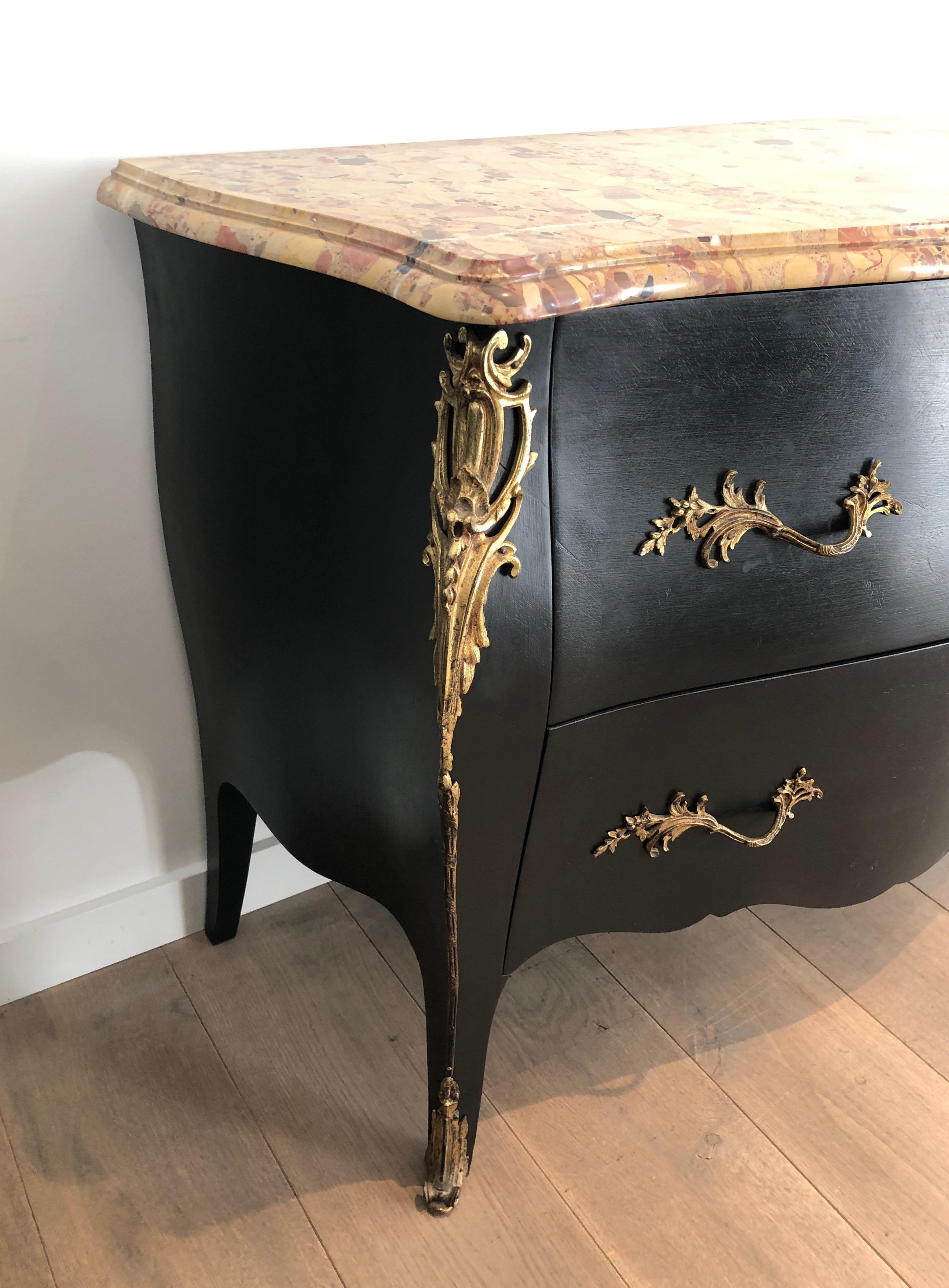 Louis XV Curved Ebonized Chest of Drawers with Bronze Elements Stamped De Beyne Roubaix For Sale