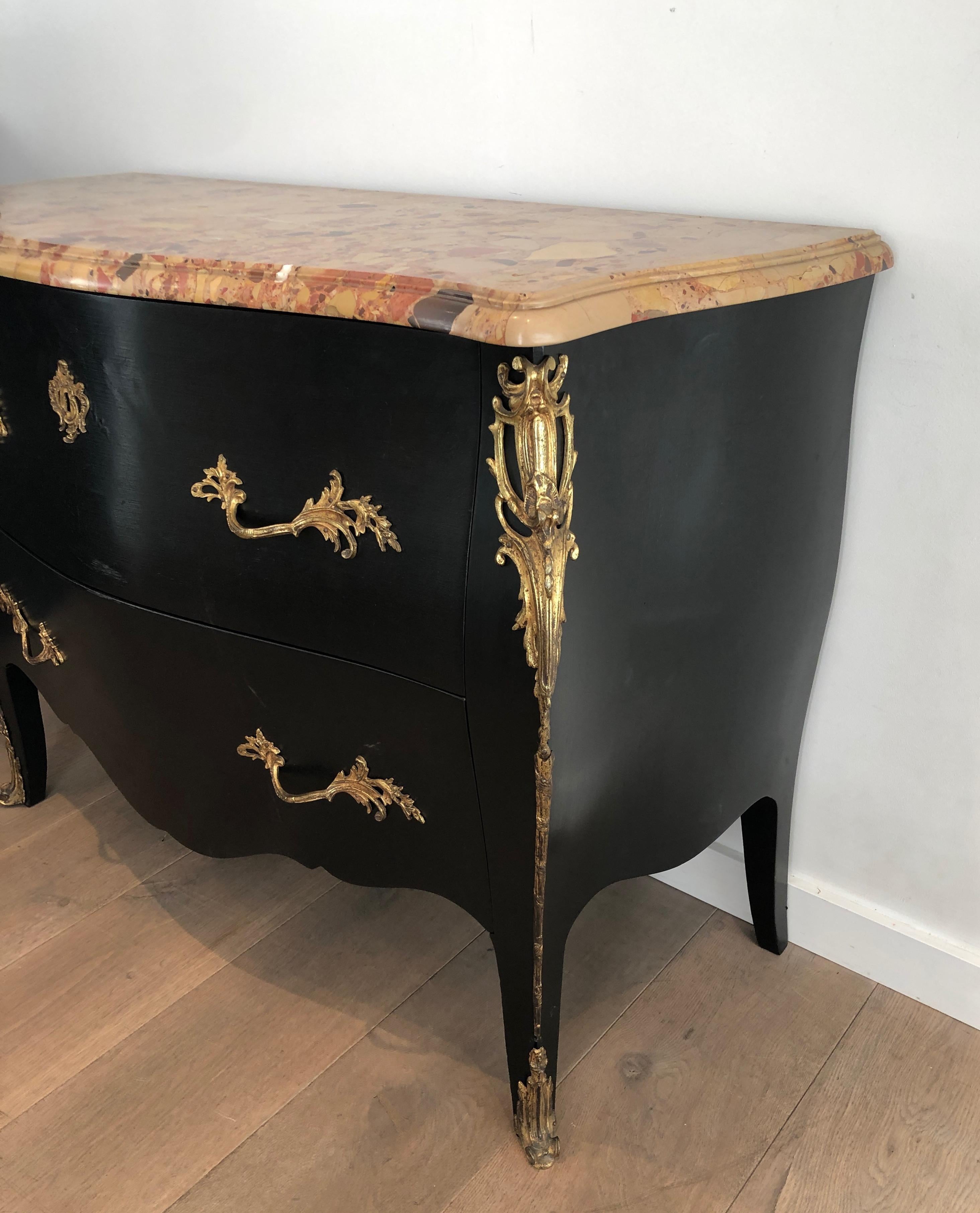 French Curved Ebonized Chest of Drawers with Bronze Elements Stamped De Beyne Roubaix For Sale