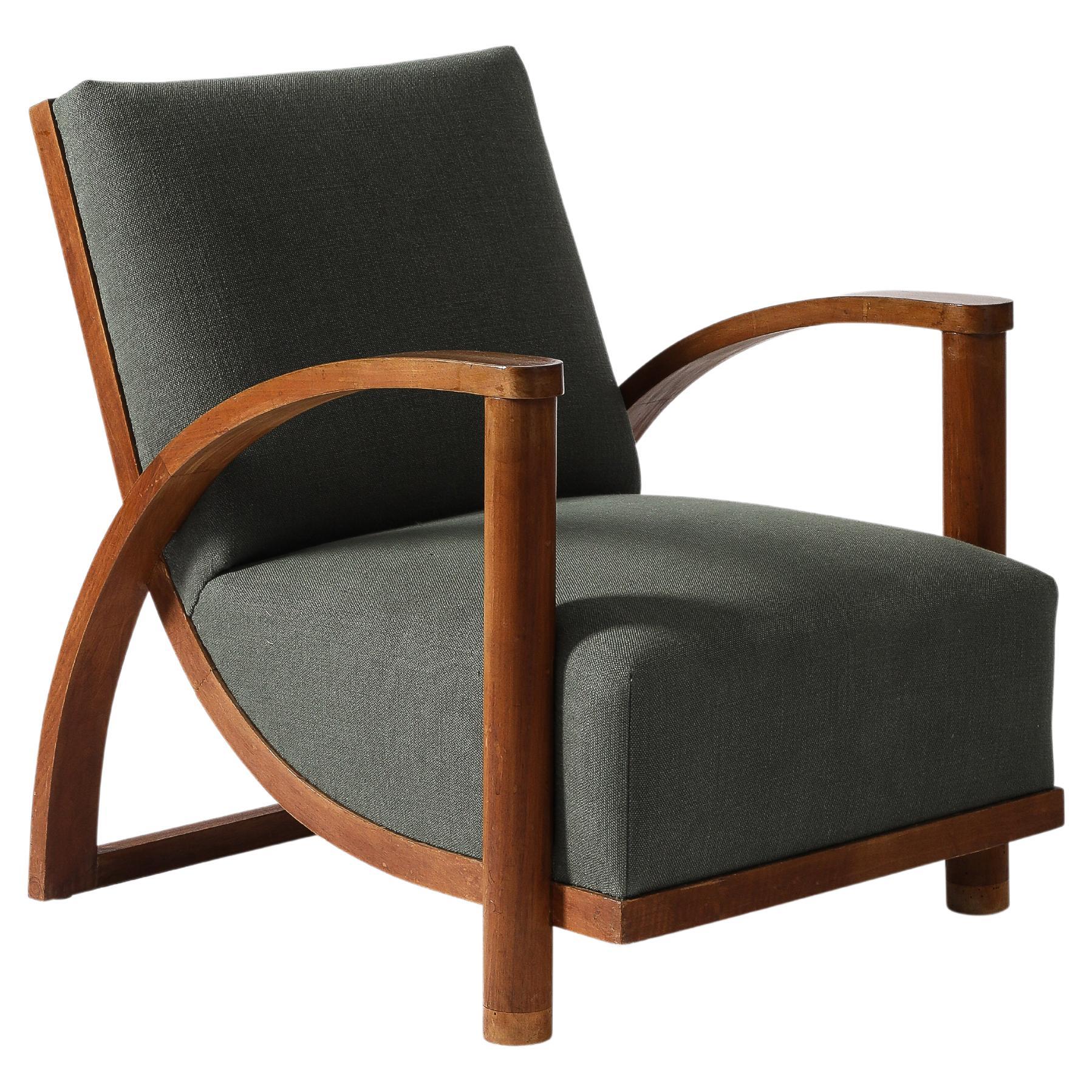 Curved Elm Armchair with New Upholstery, France, c. 1940