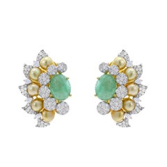 Curved Emerald, Diamond, and Pearl Earrings, 18 Karat Gold
