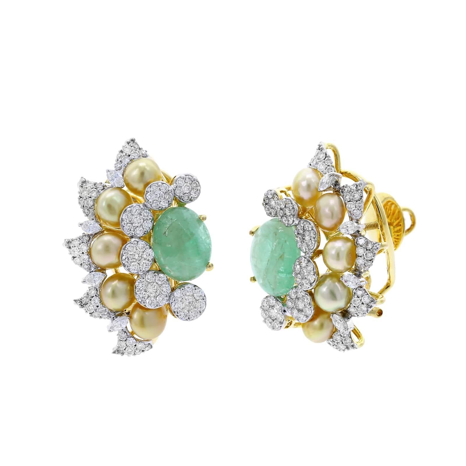 A semi-circle fan-like design of earrings with Emeralds, Pearls, and Diamonds. Total Diamond Weight: Round (2 cts.), Marquise (0.39 cts.) , and Emerald 19.02 cts). 18K Gold.