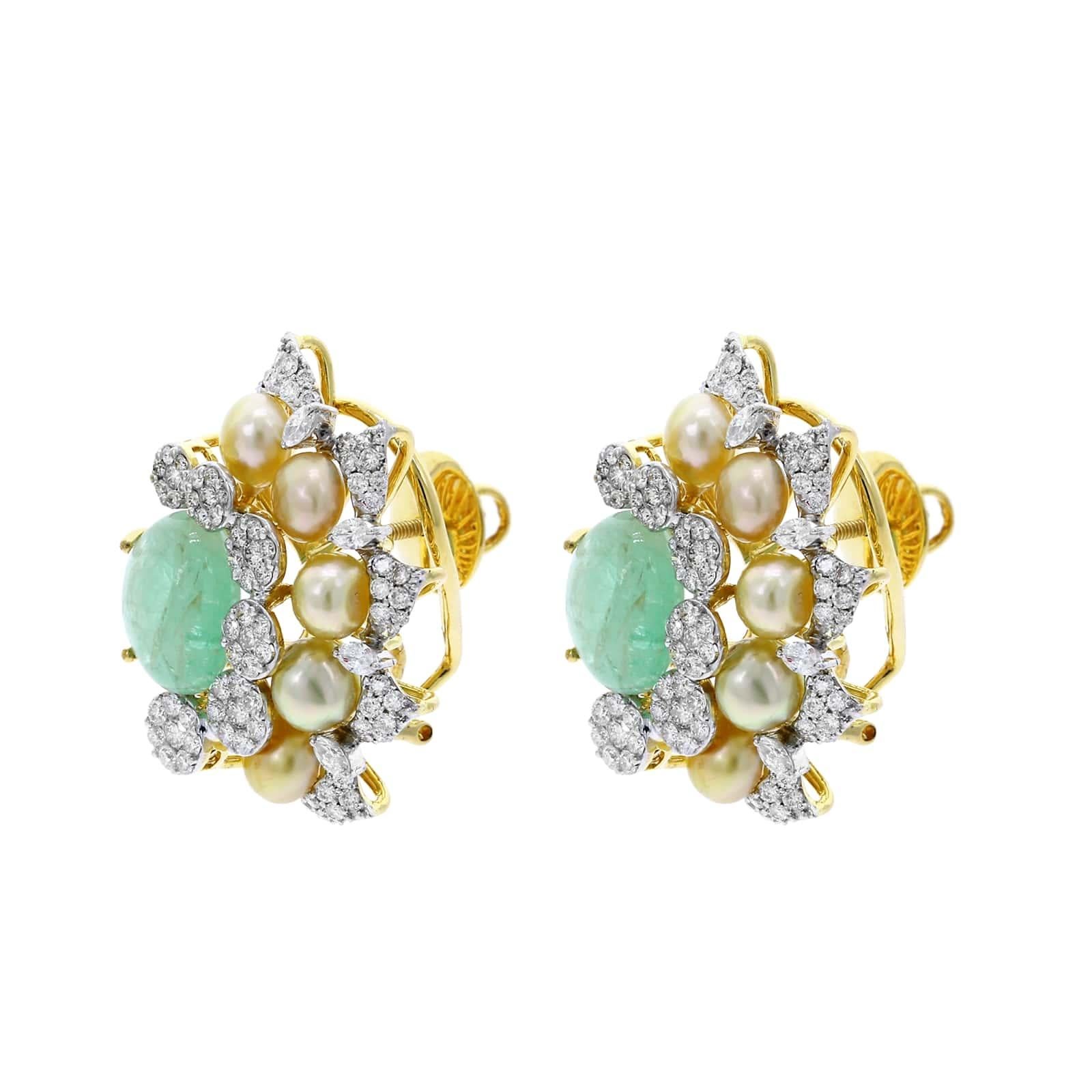 Women's or Men's Curved Emerald, Diamond, and Pearl Earrings, 18 Karat Gold