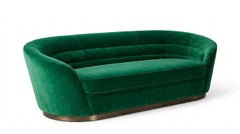Curved Emerald Velvet Sofa with Bronze Plinth  Mid-Century Italian Modern Style