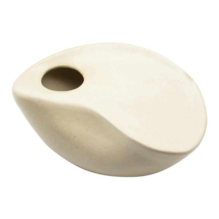 Curved Form Handcrafted Stoneware Sculpture in Antique Cream Glaze For Sale