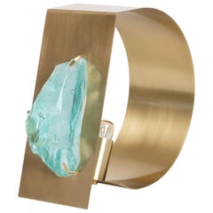 Curved Form, Light Blue Amber Gem with Satin Brass Table Lamp by Marie Jeunet