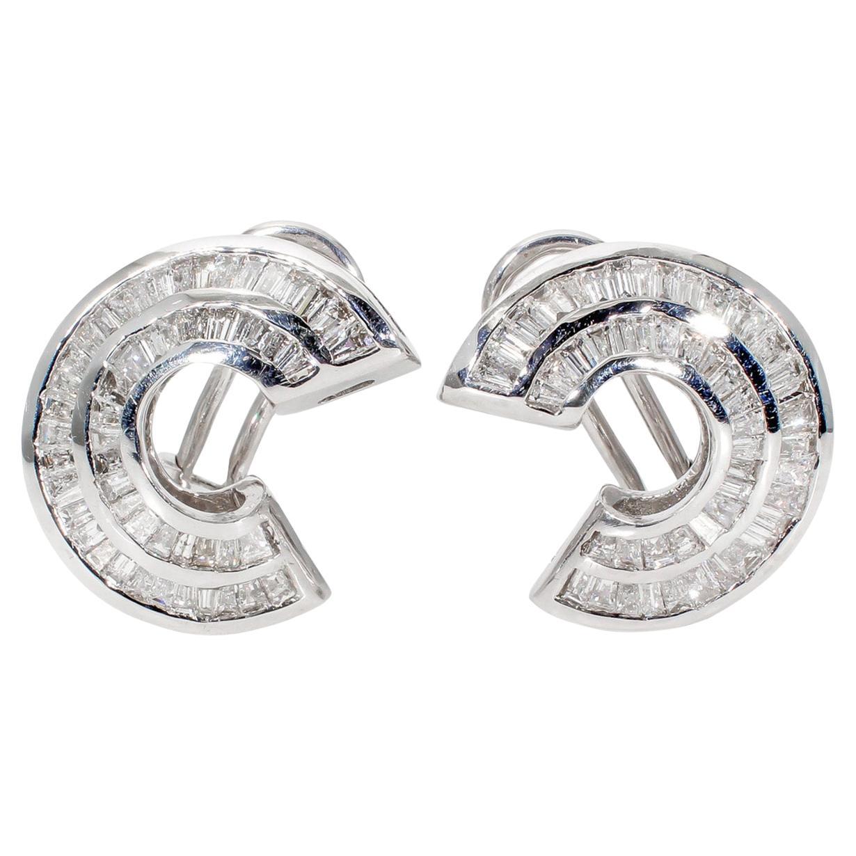 Curved French Clip Earrings with Baguette Diamonds.  D2.75ct.t.w. For Sale