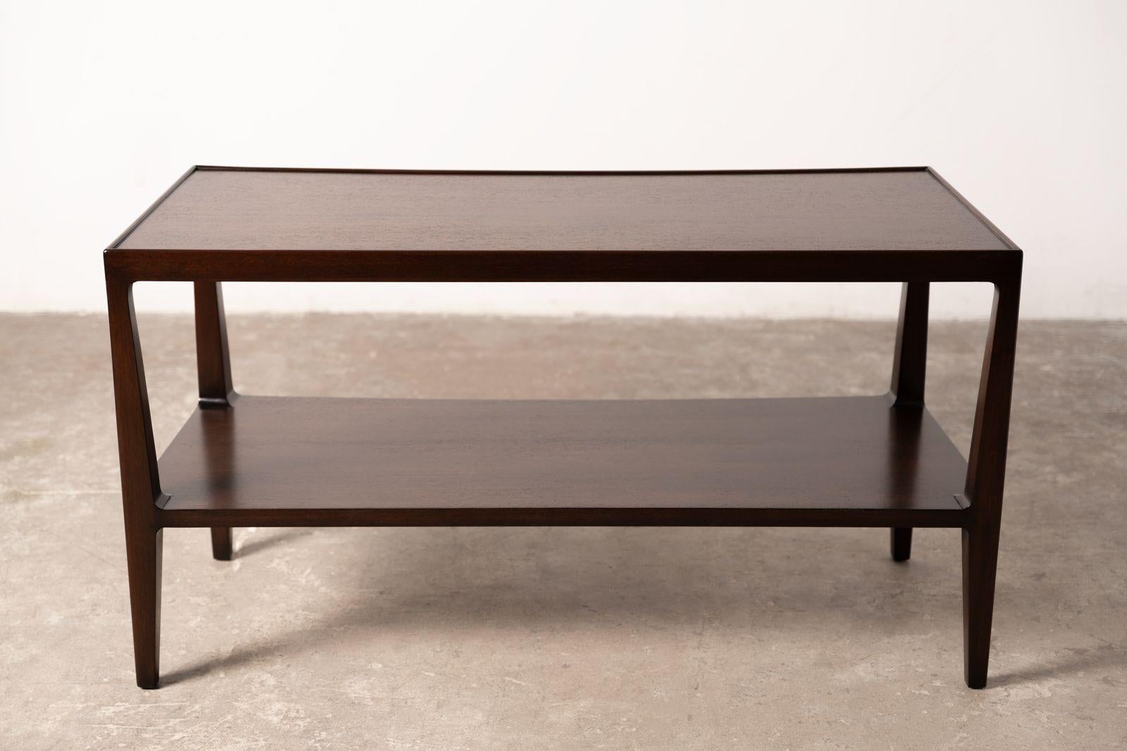 Early 1960's sculptural Dunbar Janus Series two-tier Console. Fully restored to the highest possible standard in a satin lacquer finish.
Designed by Edward Wormley. Would also serve well as a sofa table.