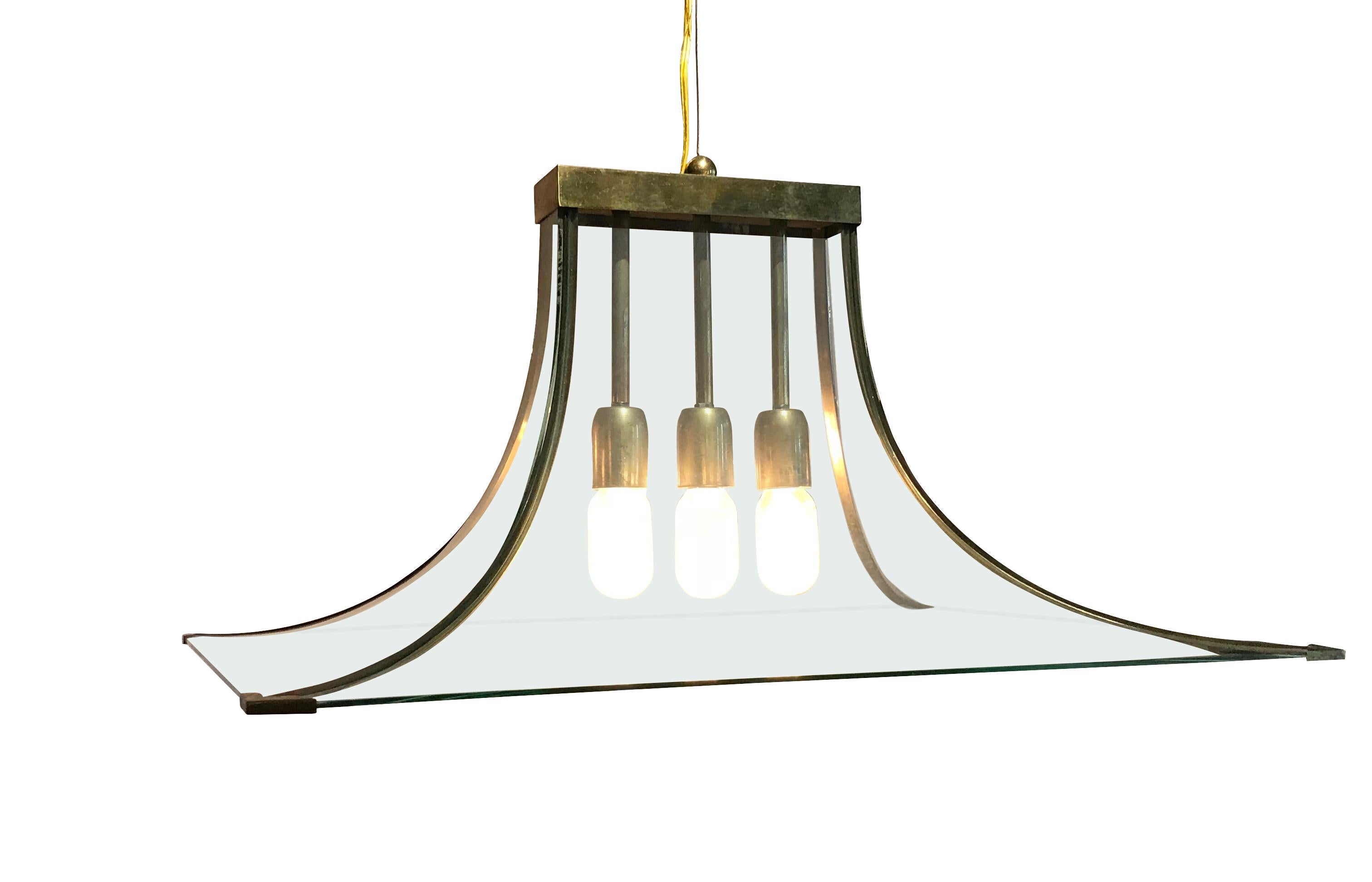 Italian Curved Glass and Brass Chandelier, Italy, 1940s For Sale