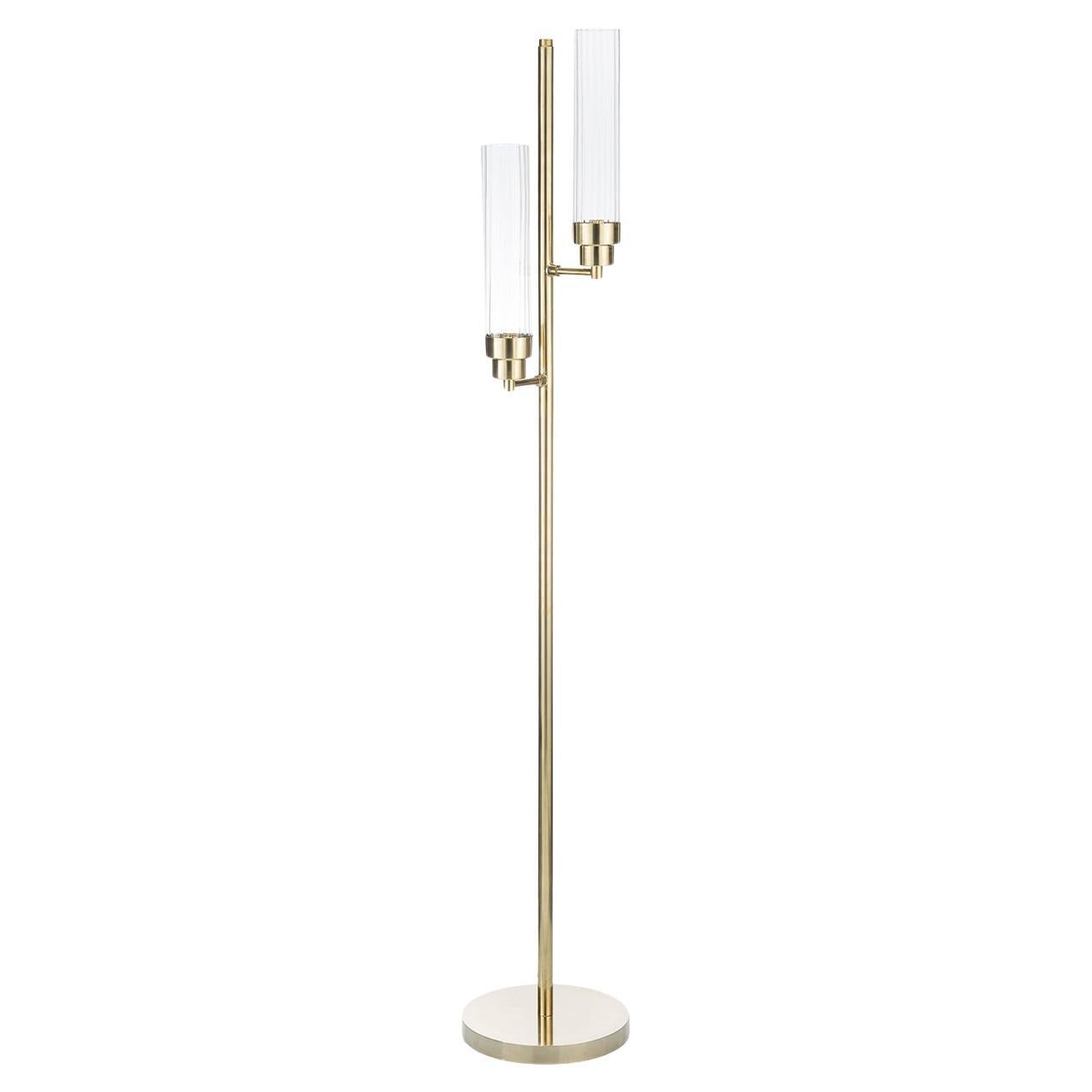 Curved Glass and Brass Structure Floor Lamp by Bronzetto