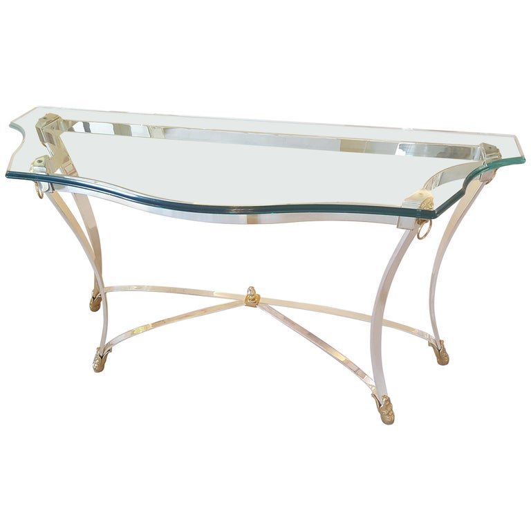 Curved Glass and Polished Steel Console Table with Lion Brass Details