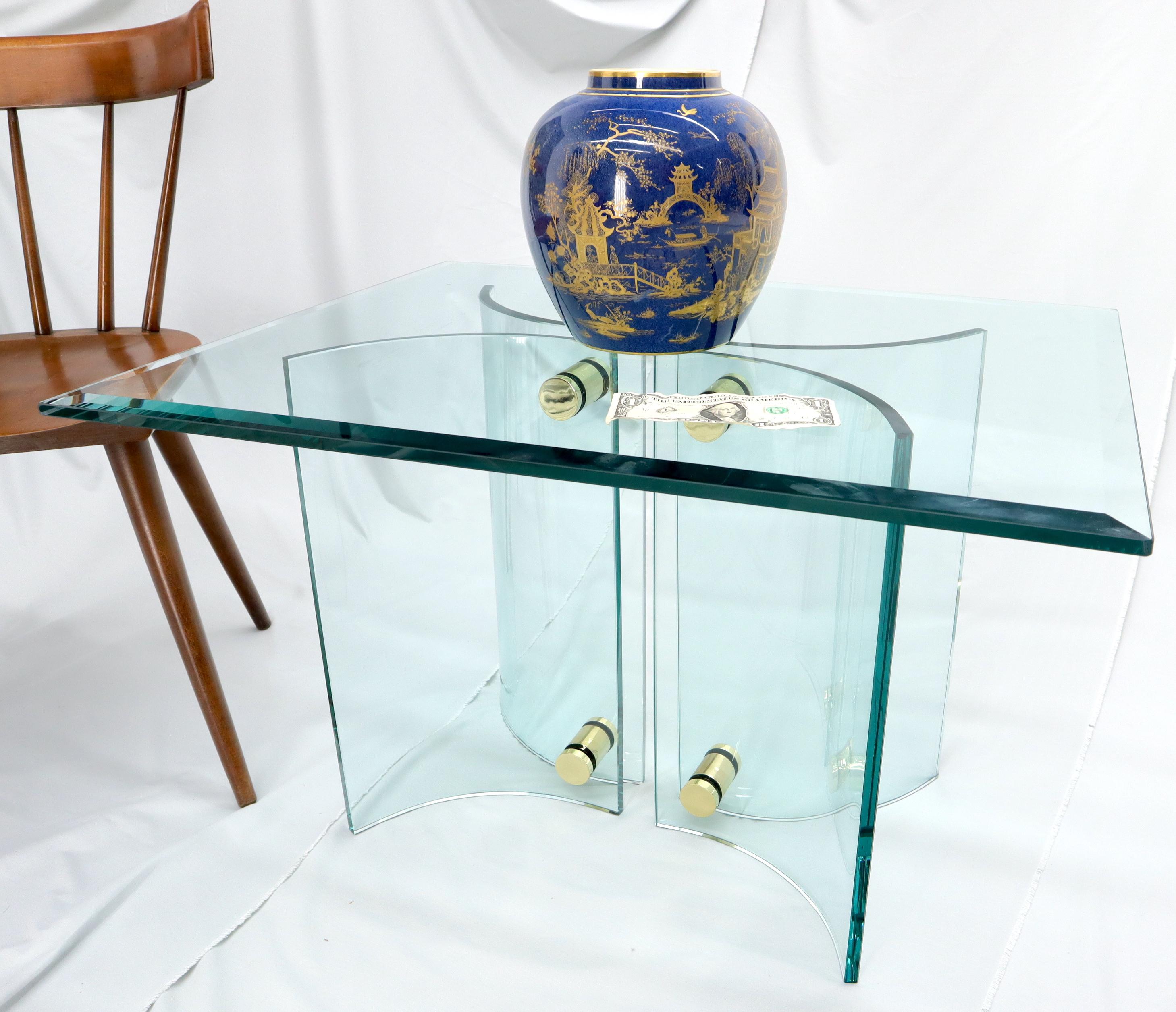Mid-Century Modern Curved Glass Base Brass Stretchers Glass Top Side Console Table For Sale