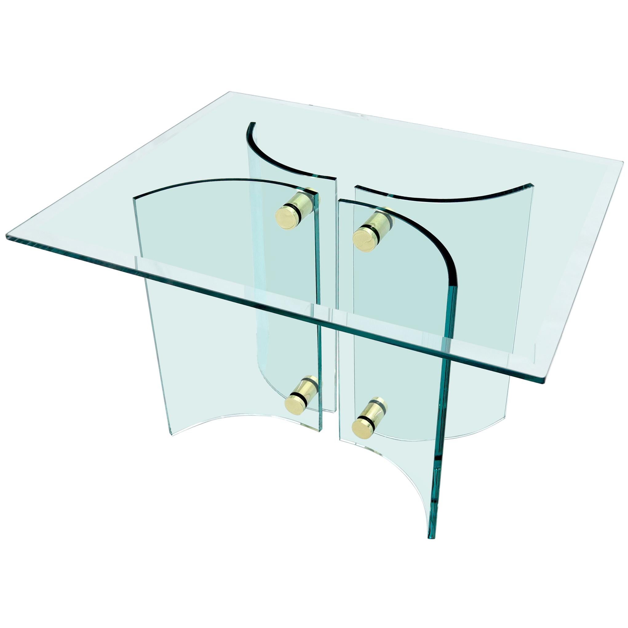 Curved Glass Base Brass Stretchers Glass Top Side Console Table For Sale