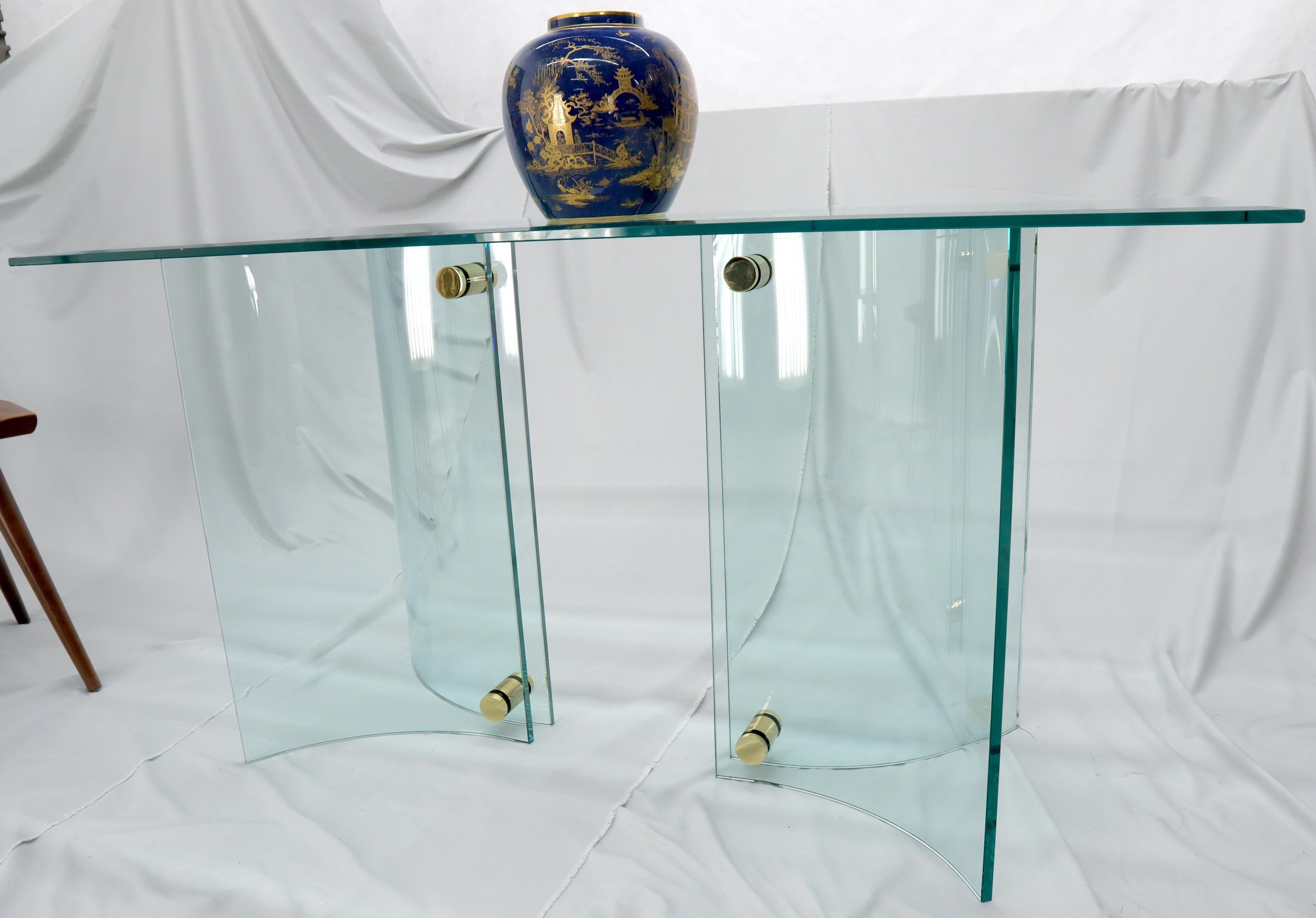 Curved Glass Base Glass Top Brass Stretchers Console Table For Sale 3