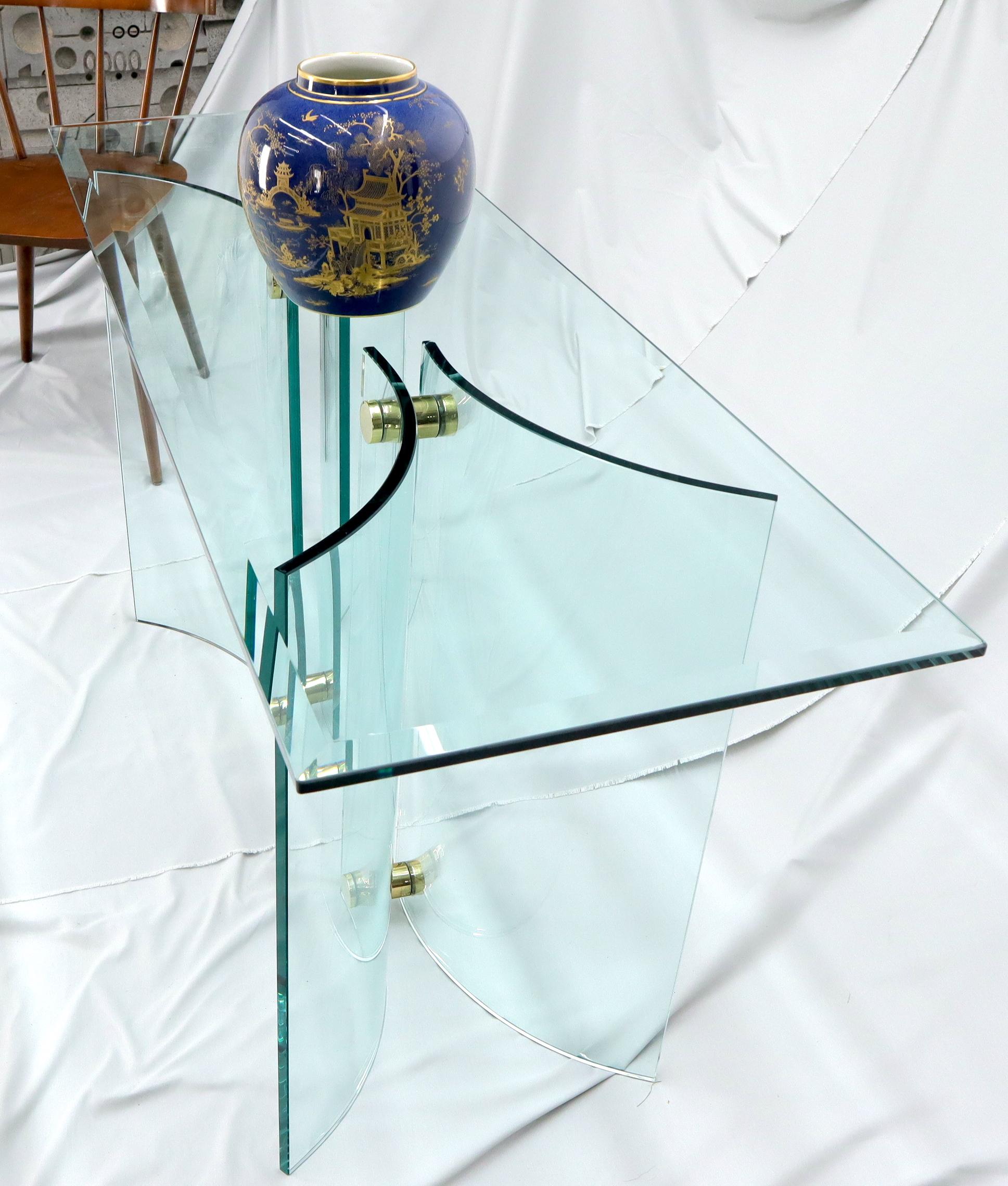 Mid-Century Modern curved glass top base brass stretchers console sofa table. Attributed to Pace collection.