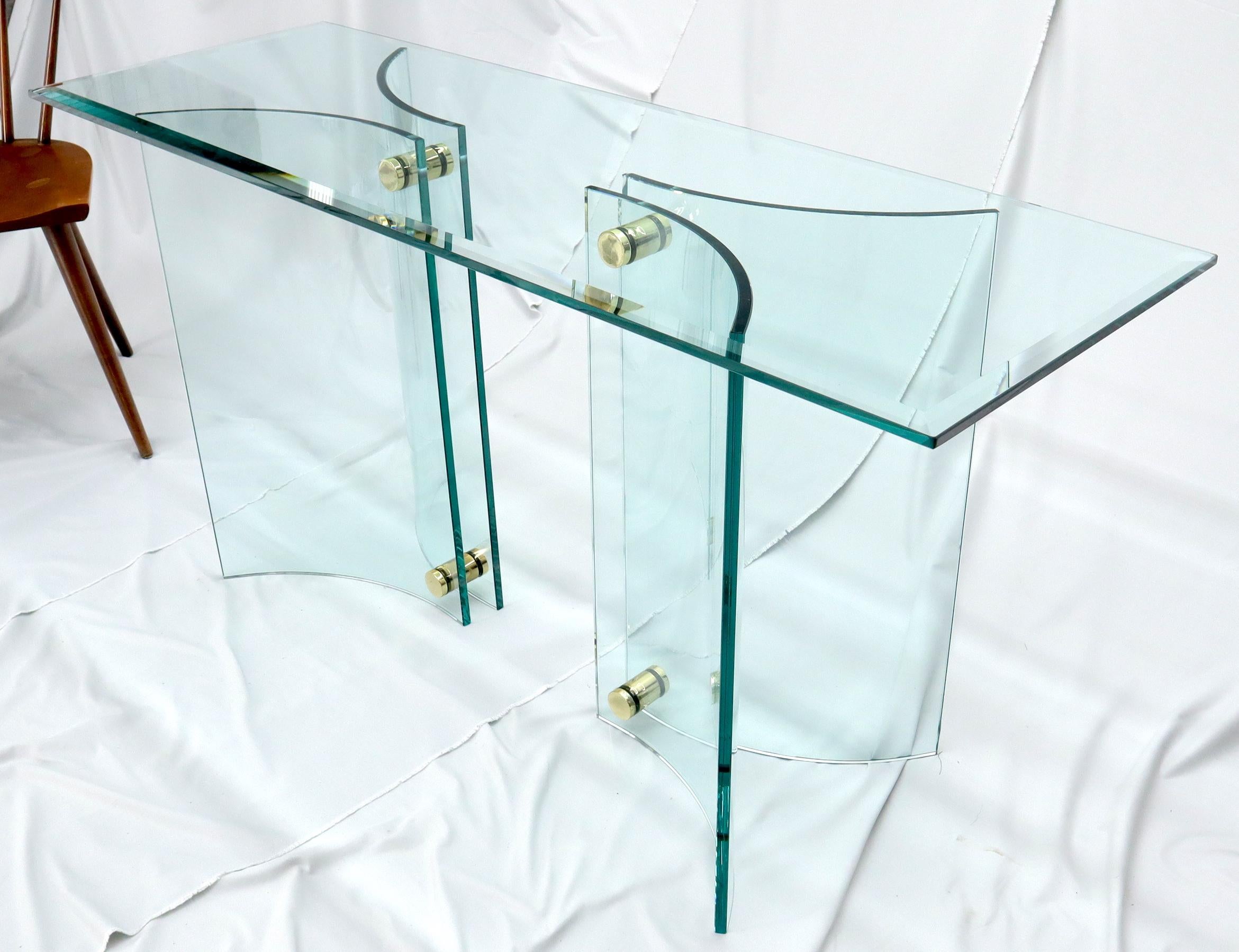 Mid-Century Modern Curved Glass Base Glass Top Brass Stretchers Console Table For Sale