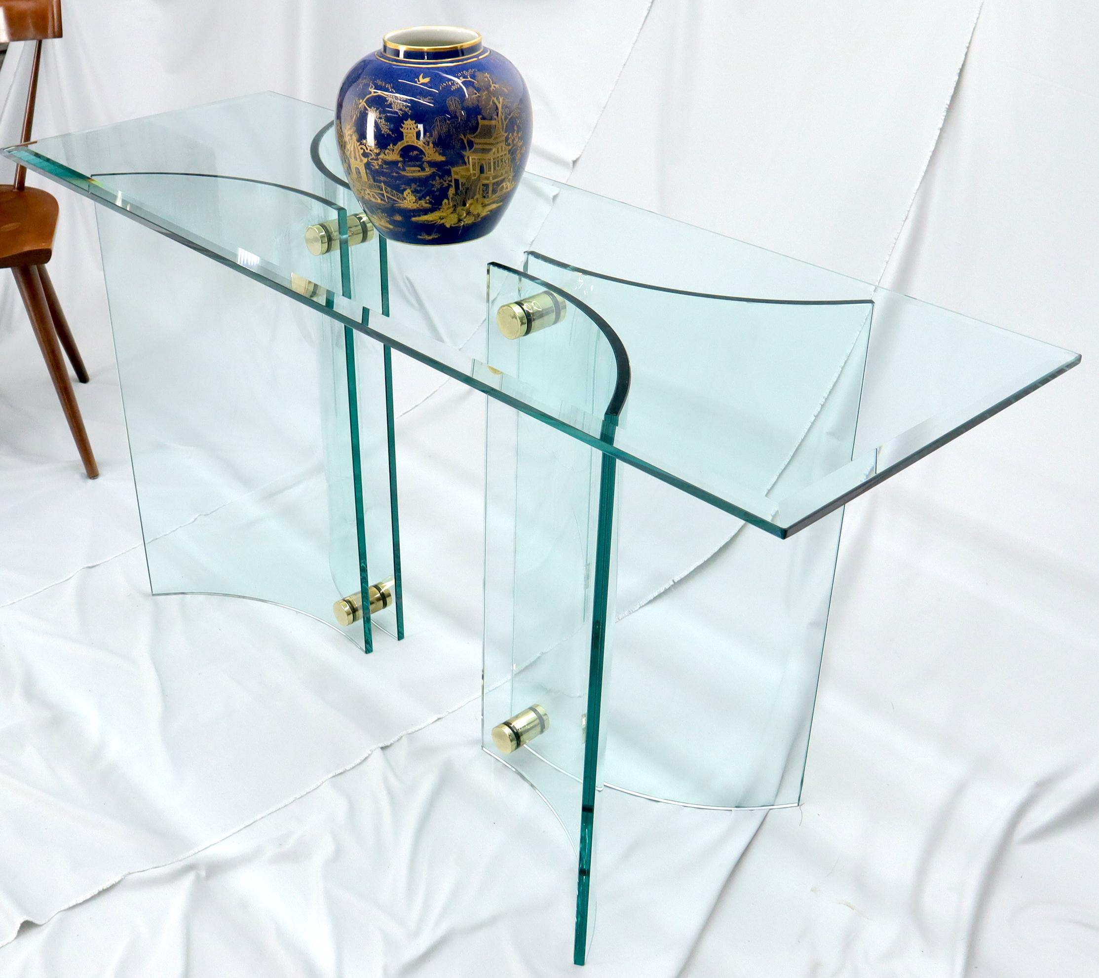Curved Glass Base Glass Top Brass Stretchers Console Table For Sale 1