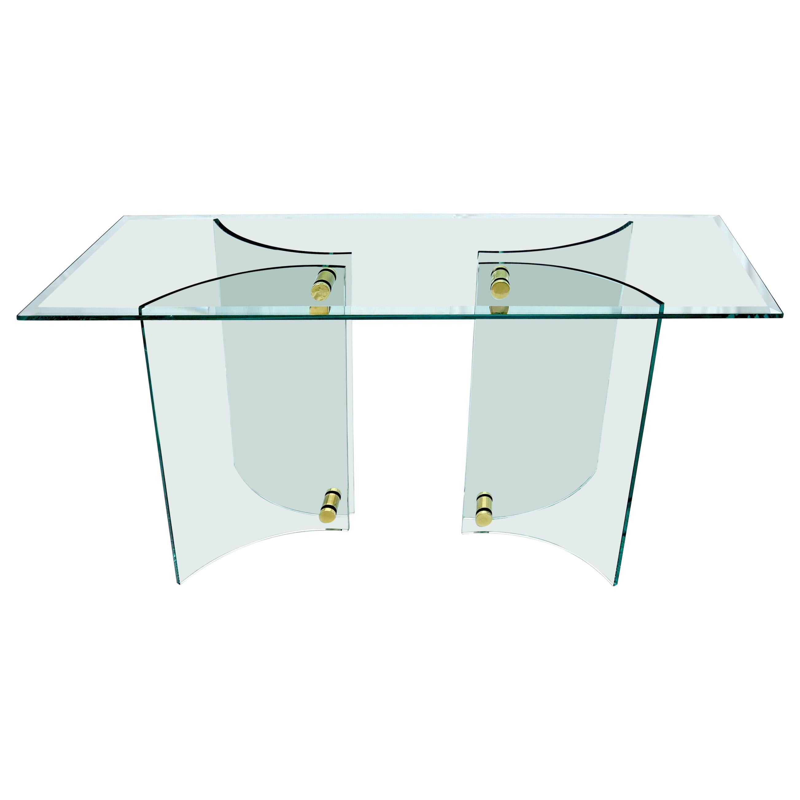 Curved Glass Base Glass Top Brass Stretchers Console Table