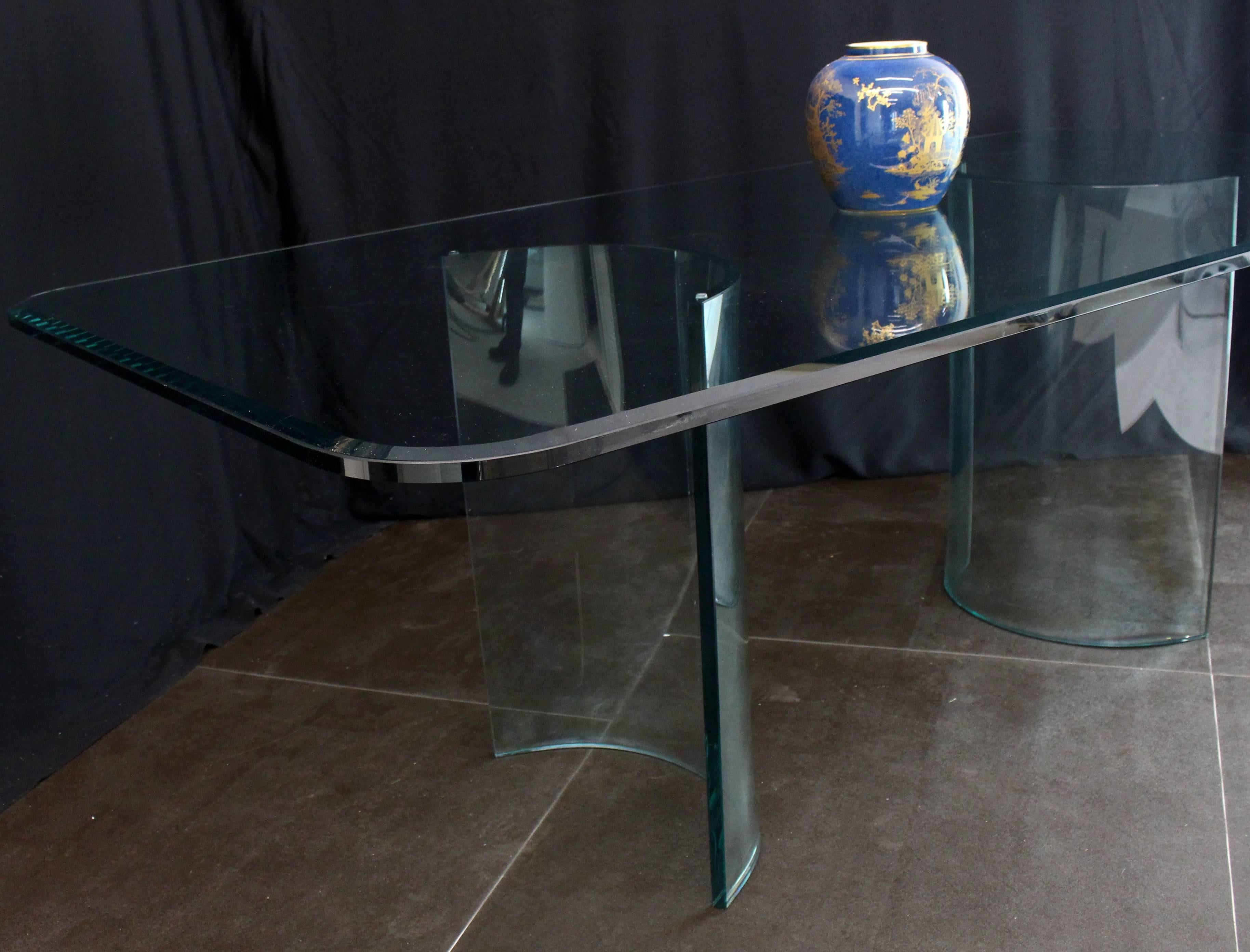 Mid-Century Modern Curved Glass Base Thick 3/4 Glass Top Large Dining Conference Table