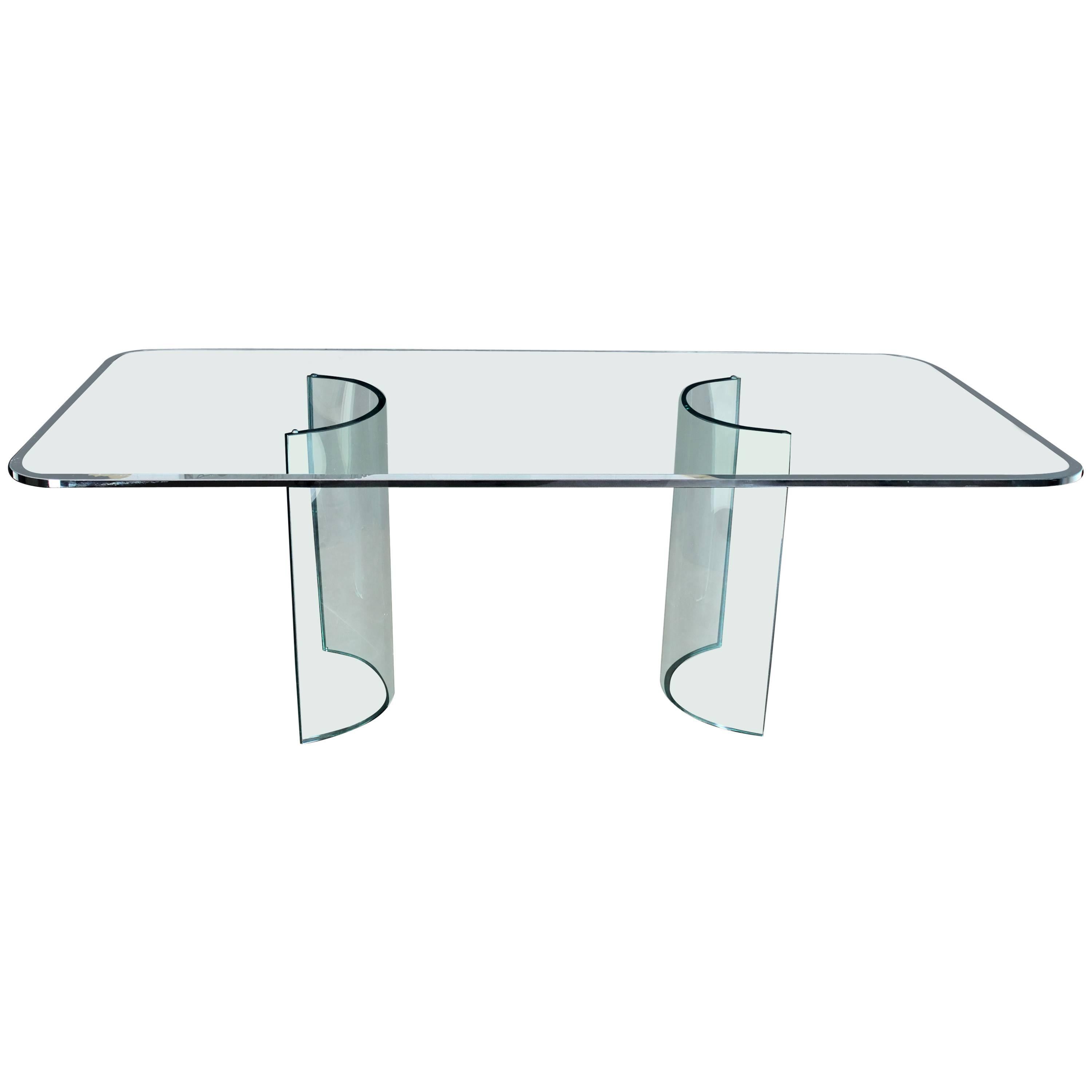 Curved Glass Base Thick 3/4 Glass Top Large Dining Conference Table