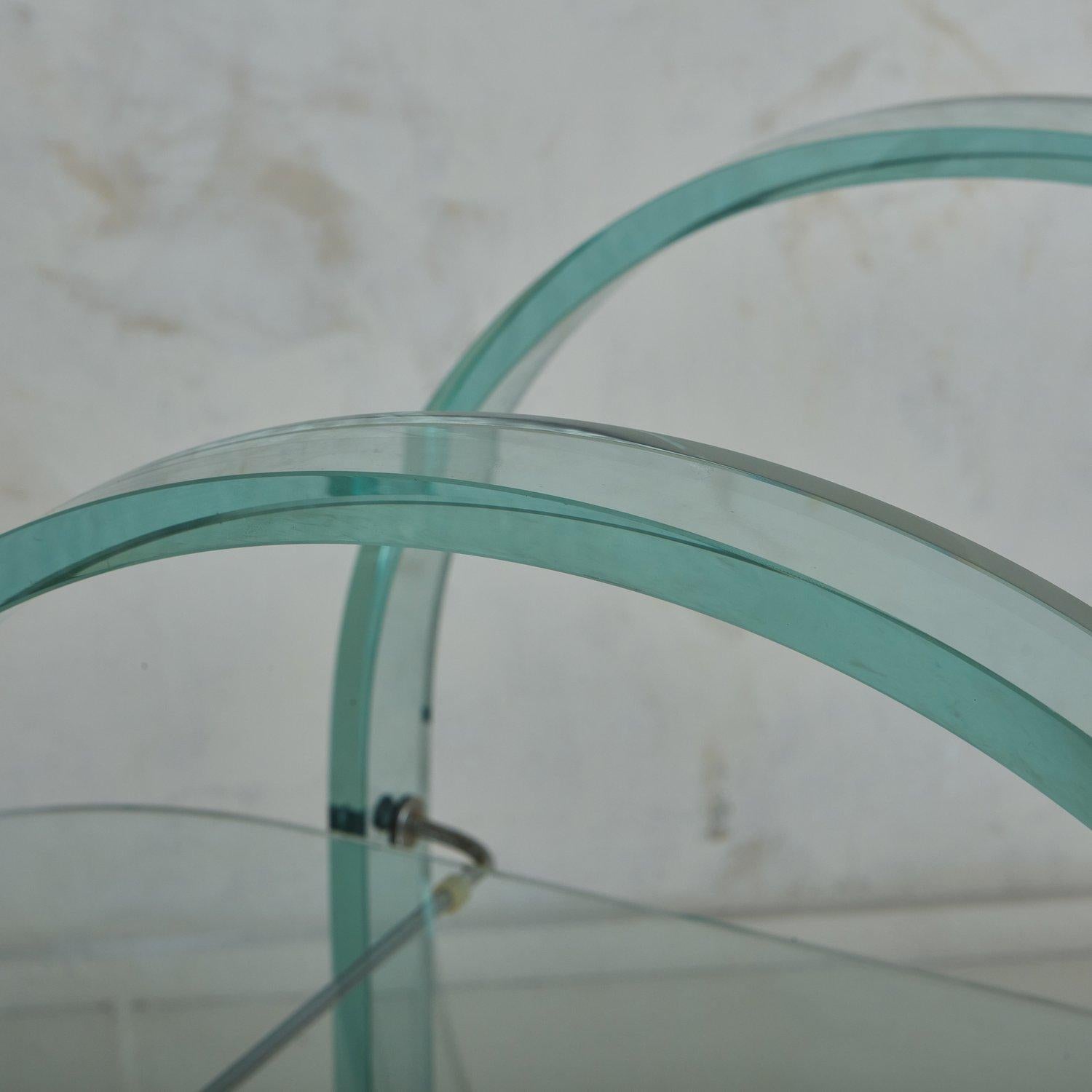Mid-Century Modern Curved Glass + Mirrored Bar Cart by Fiam Italia, 1980s For Sale