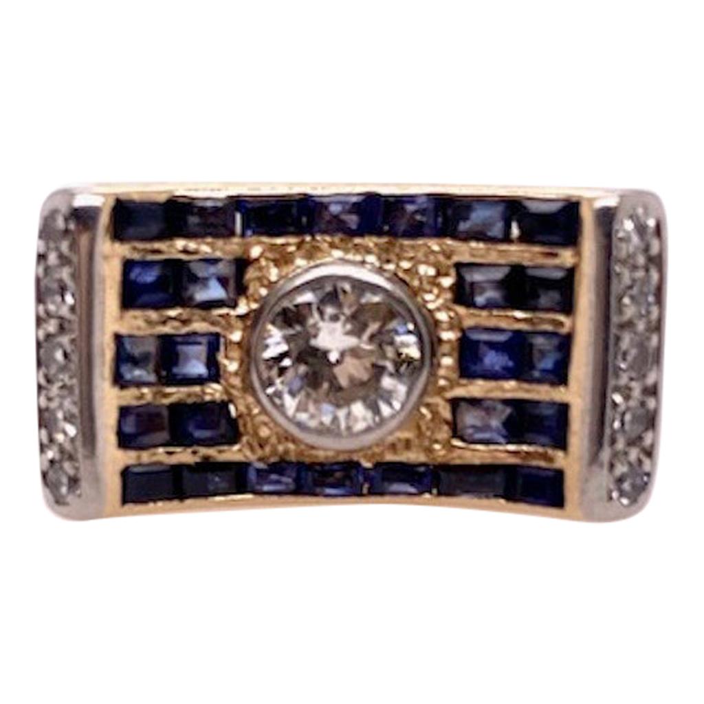 Curved Gold Diamond and Sapphire Ring