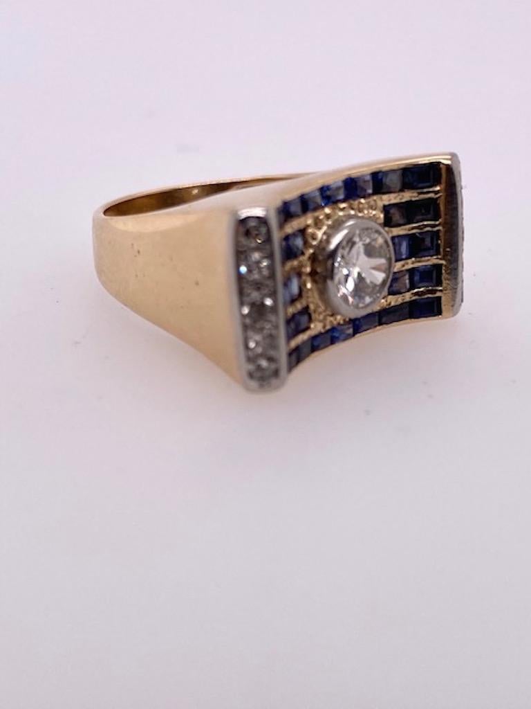 Women's or Men's Curved Gold Diamond and Sapphire Ring