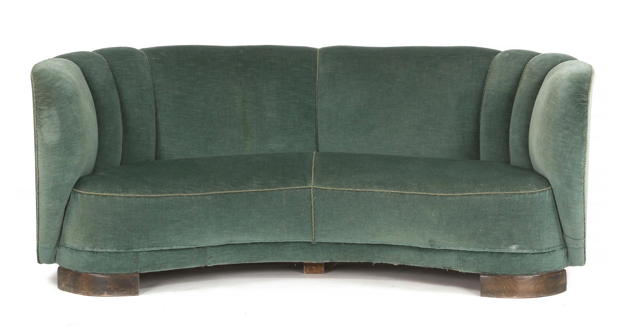 Mid-Century Modern Curved Green Banana Sofa in Style of Viggo Boesen / Fritz Hansen, Denmark, 1940s