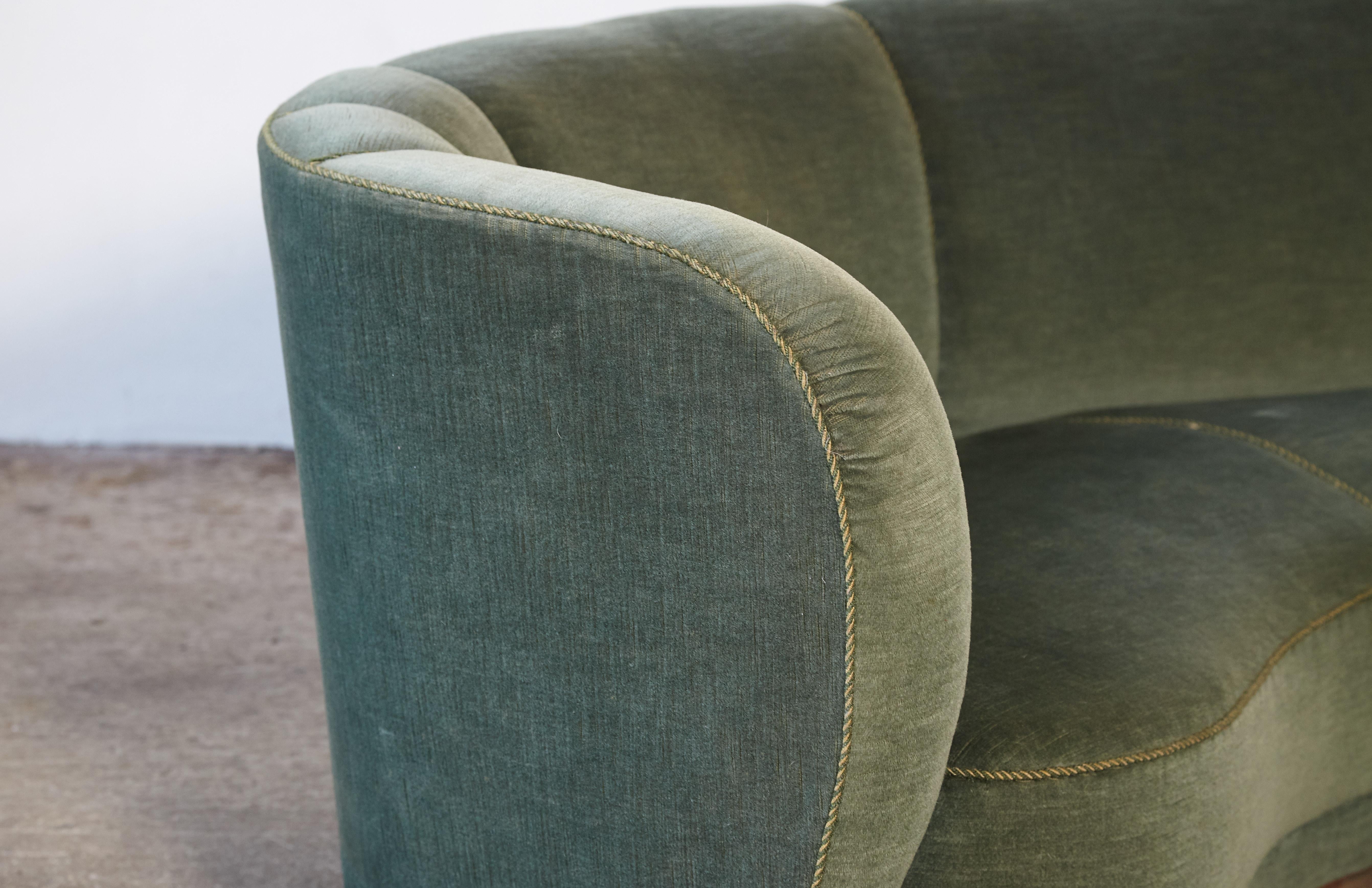 20th Century Curved Green Banana Sofa in Style of Viggo Boesen / Fritz Hansen, Denmark, 1940s