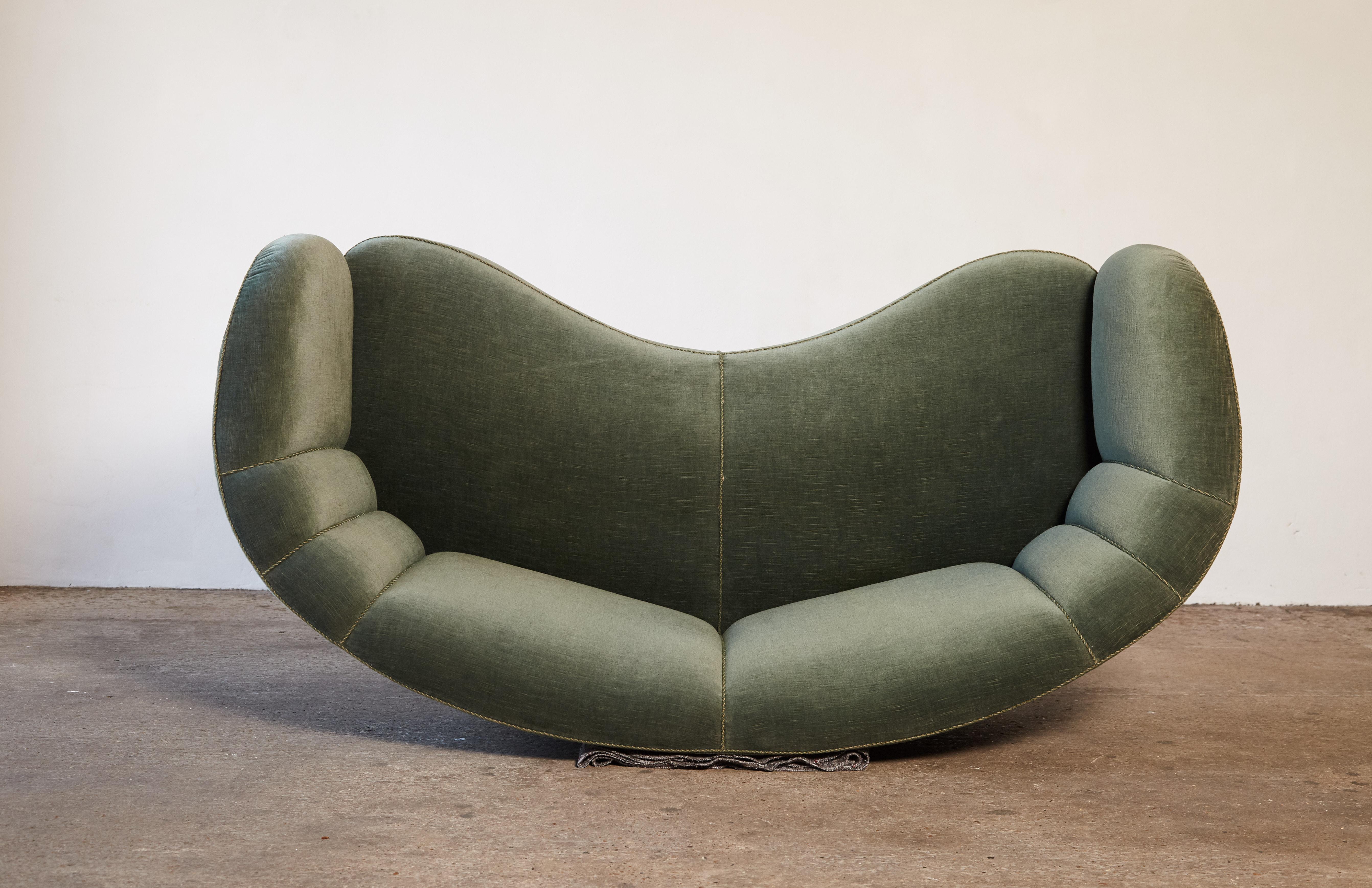 Fabric Curved Green Banana Sofa in Style of Viggo Boesen / Fritz Hansen, Denmark, 1940s