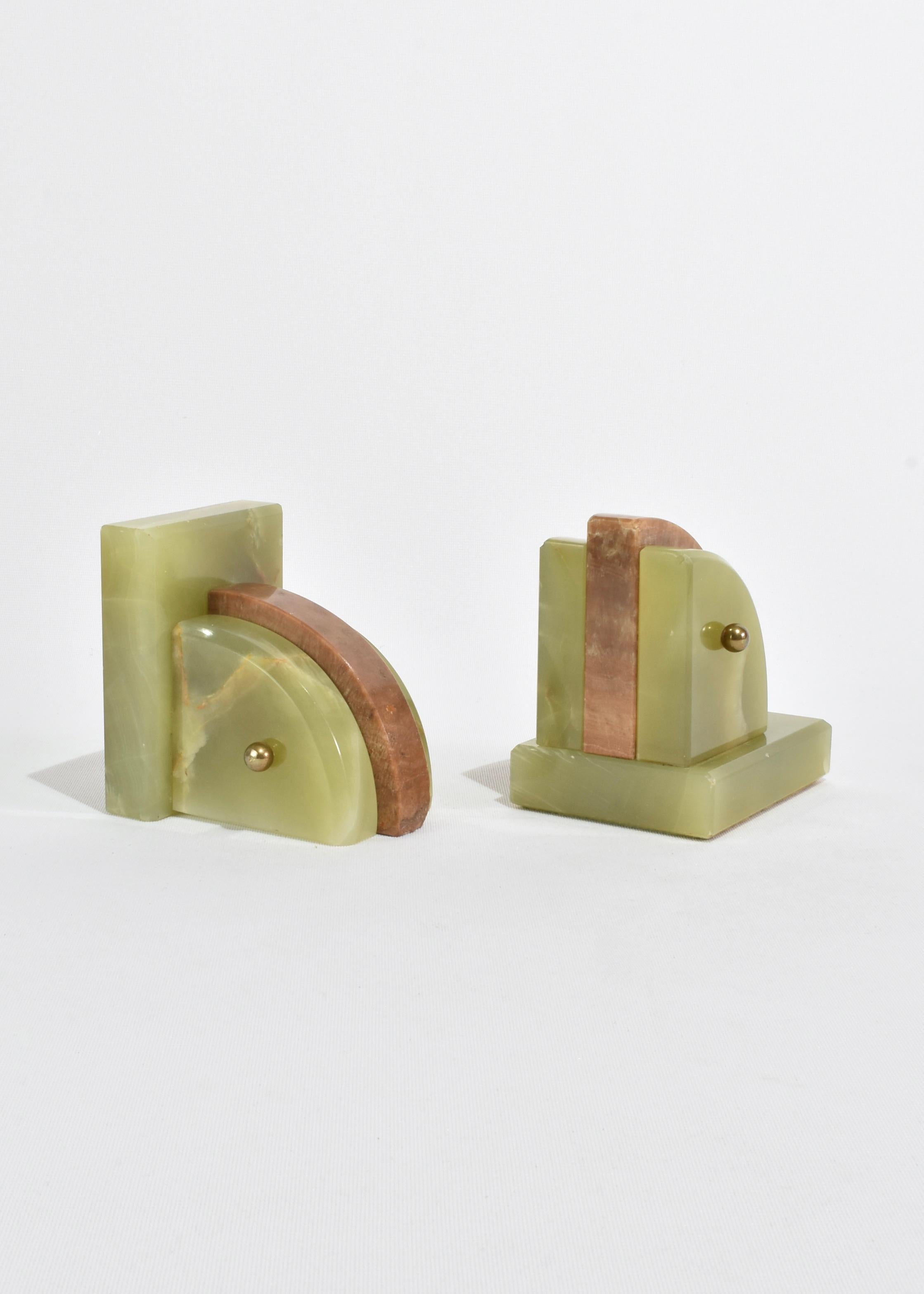 Brass Curved Green Onyx Bookends For Sale