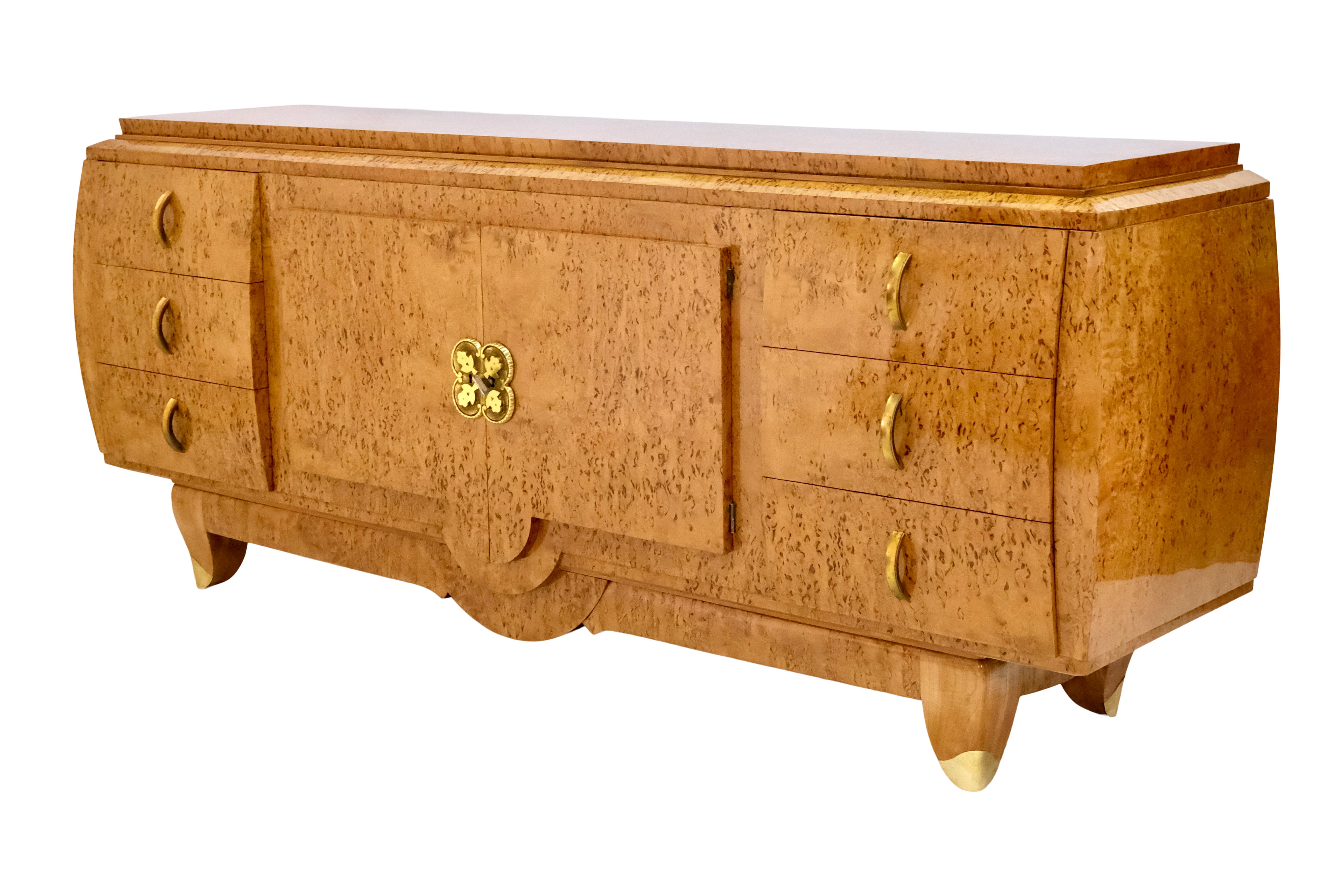 French Curved hand polished Art Deco Sideboard in Birch Burl Wood with Brass Fittings For Sale