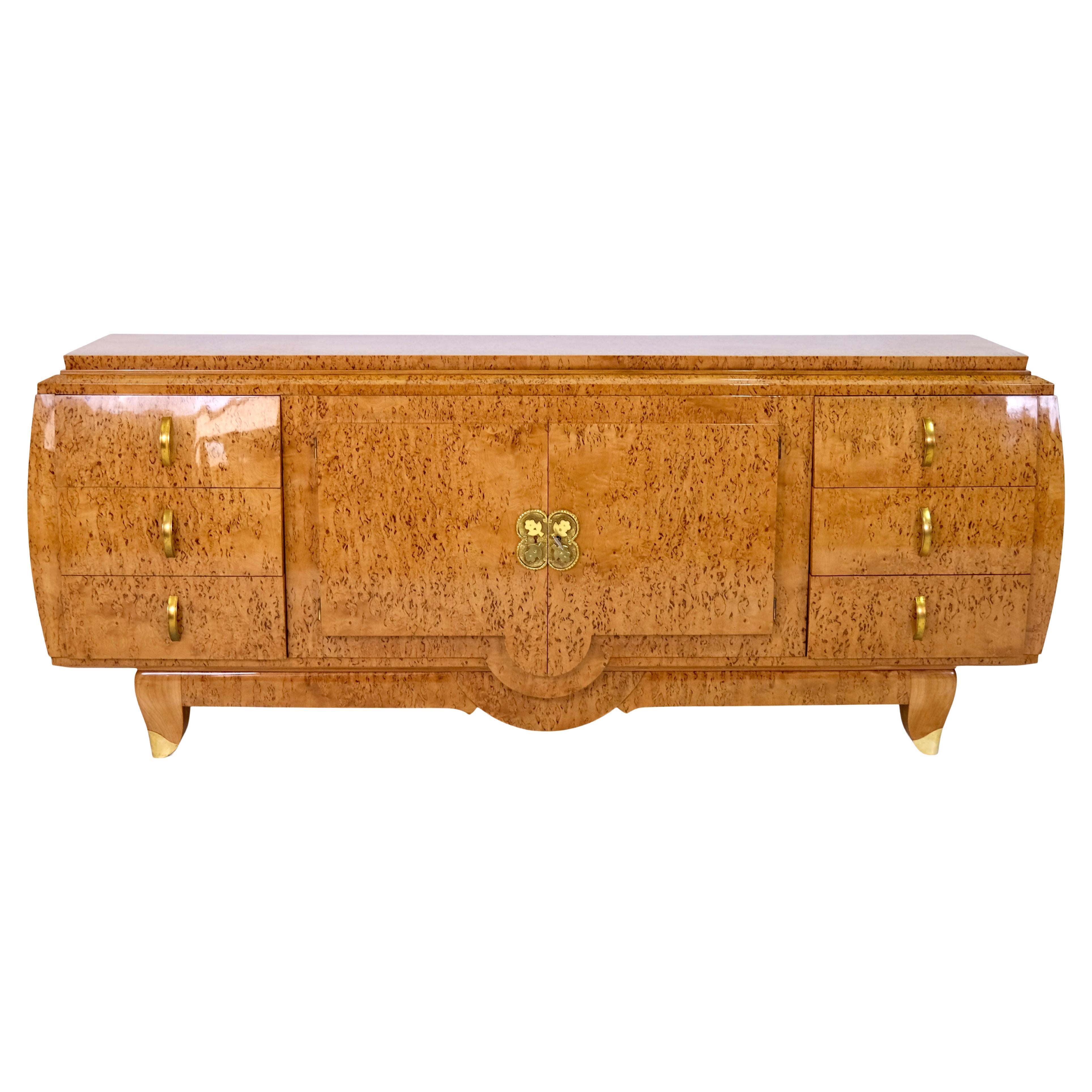 Curved hand polished Art Deco Sideboard in Birch Burl Wood with Brass Fittings