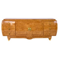 Vintage Curved hand polished Art Deco Sideboard in Birch Burl Wood with Brass Fittings