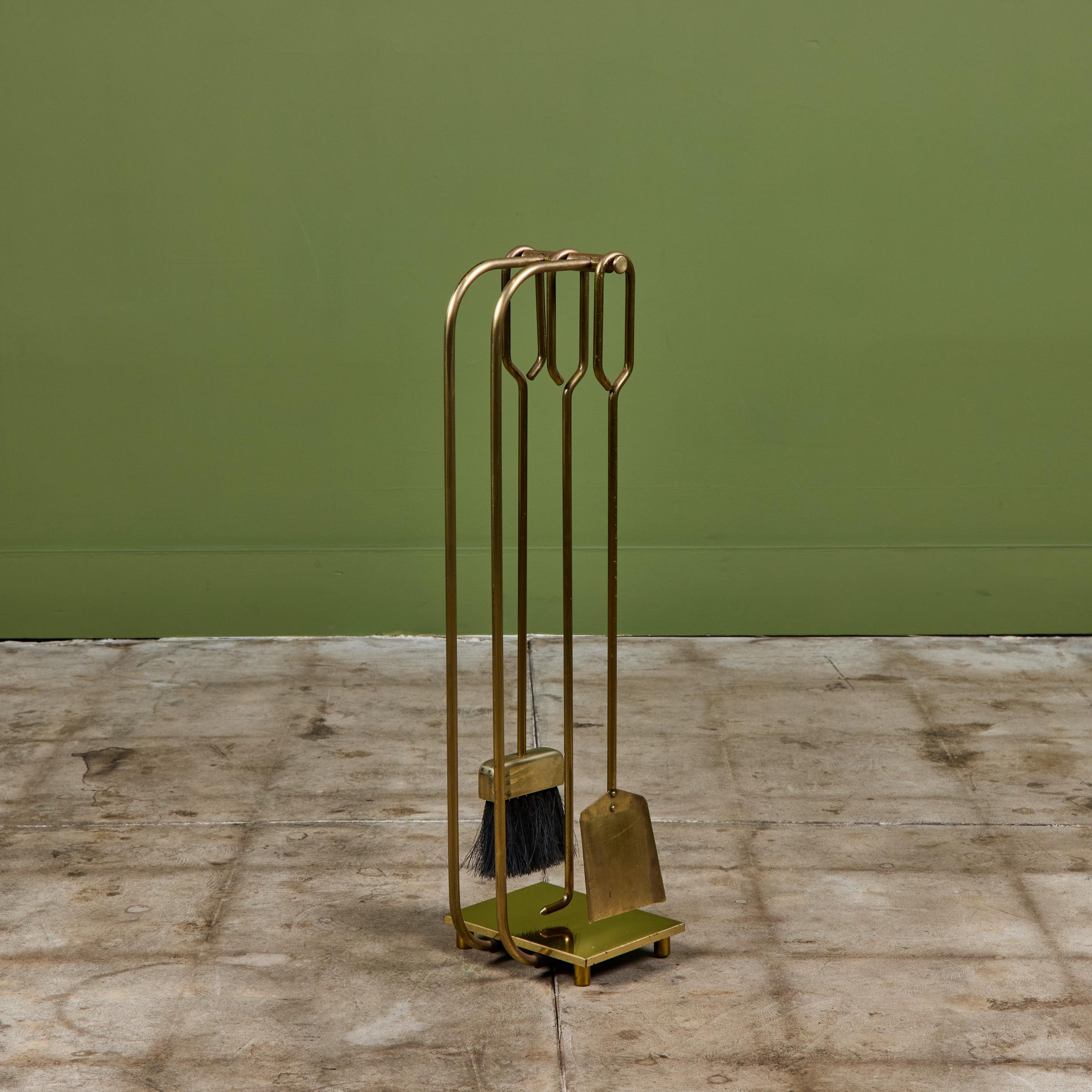 American Curved Handle Brass Fireplace Tool Set For Sale