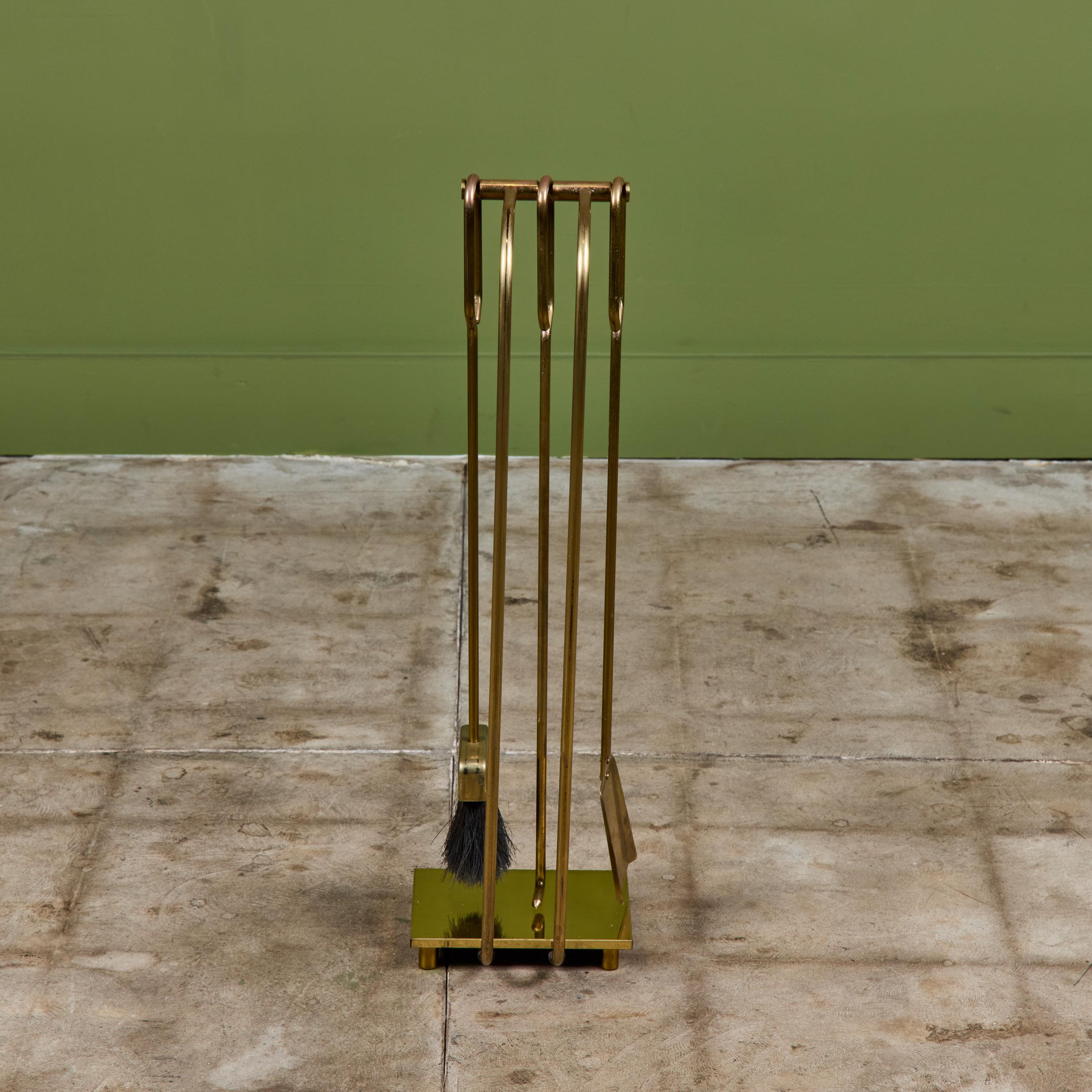 20th Century Curved Handle Brass Fireplace Tool Set For Sale