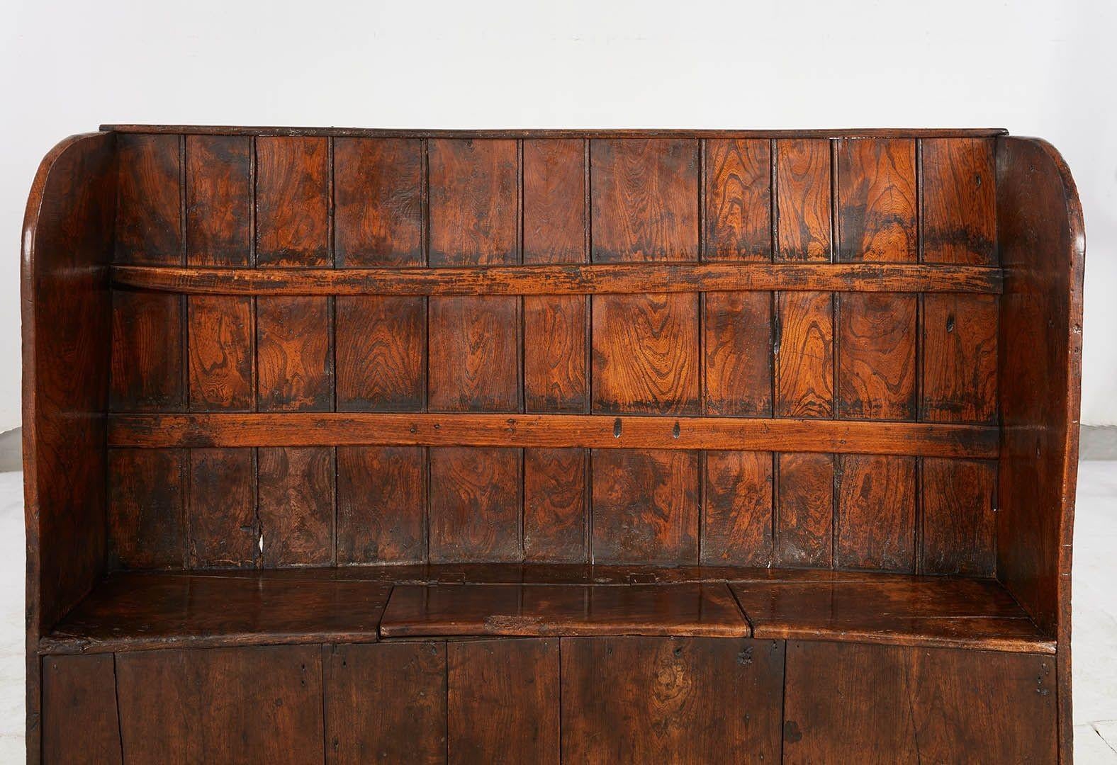 Curved High Back Elm Settle with Storage For Sale 1